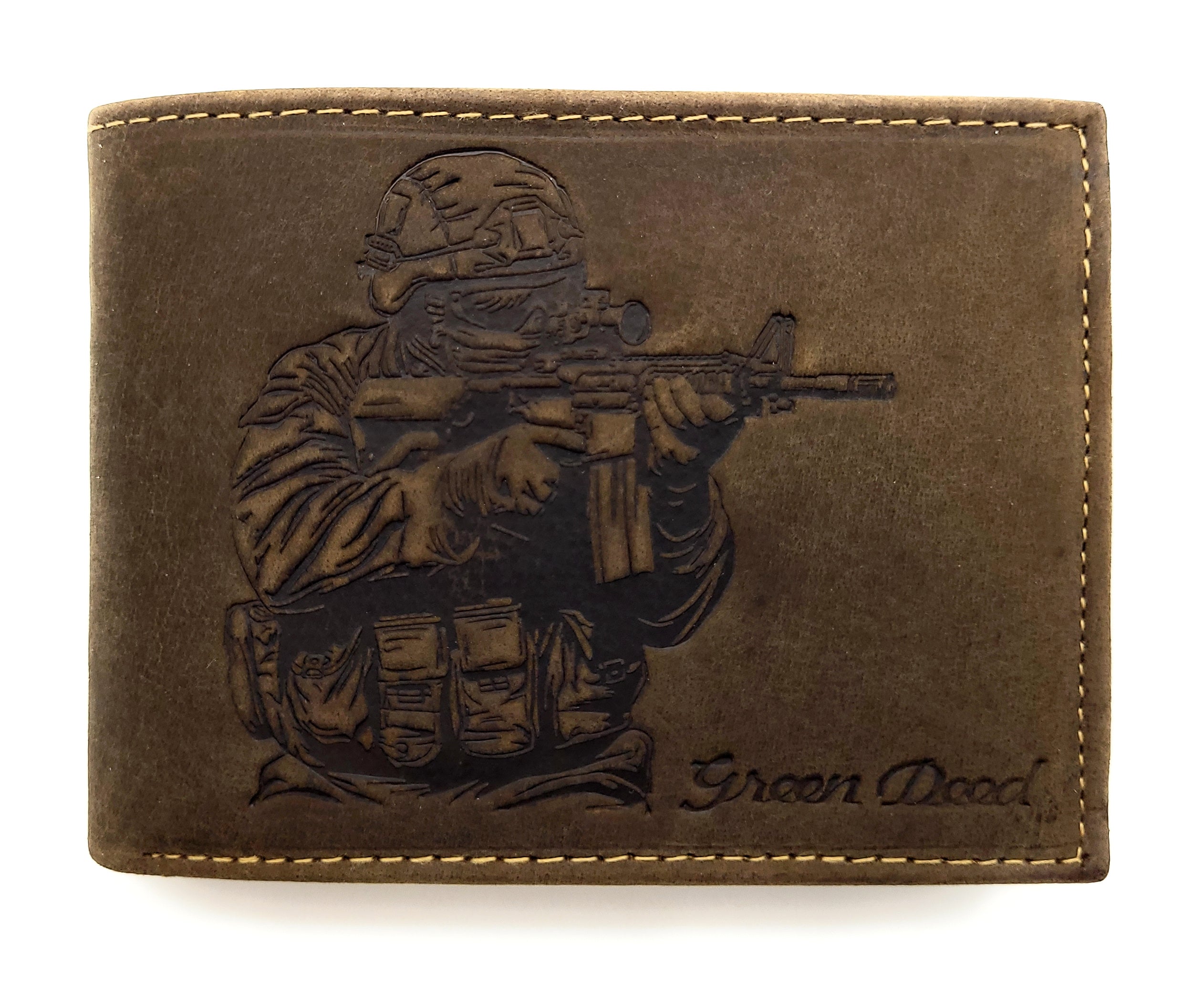 Green Deed Geldbörse aus Hunterleder – Soldat Militär Motiv, dunkelbraun, RFID-Schutz & Geschenkbox