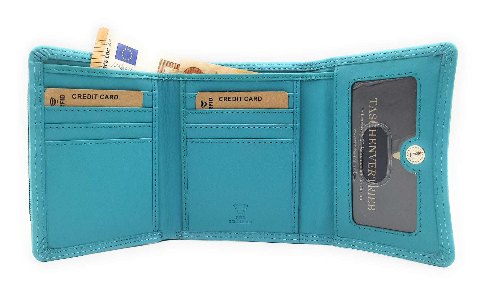 Farbenfrohe Geldbörse aus Nappaleder mit RFID-Schutz, klein & kompakt, viele Fächer Türkis