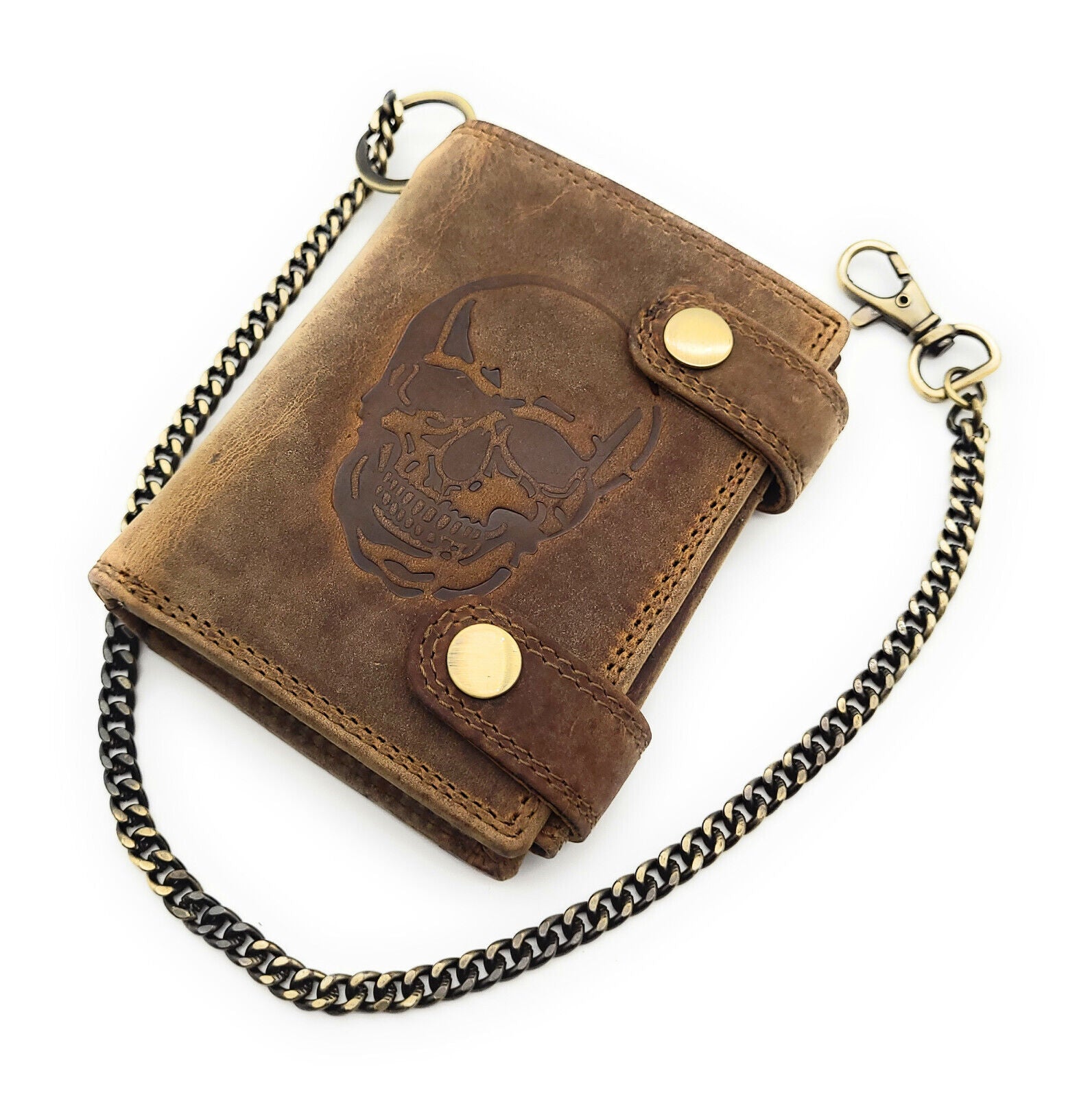 Biker Geldbörse mit Kette RFID Schutz Hunterleder Portemonnaie Skull Totenkopf braun
