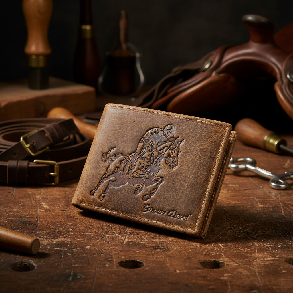 Green Deed Geldbörse aus Hunterleder – Dunkelbraun mit geprägtem Reitsport-Motiv, RFID-Schutz & Geschenkbox