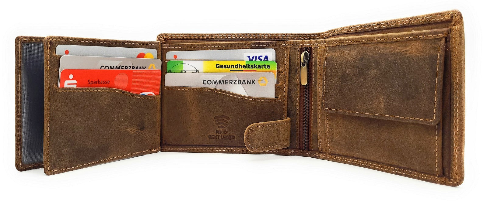 Lemasi robustes Hunterleder Portemonnaie Geldbörse RFID Blocker 16 Fächer Unisex braun