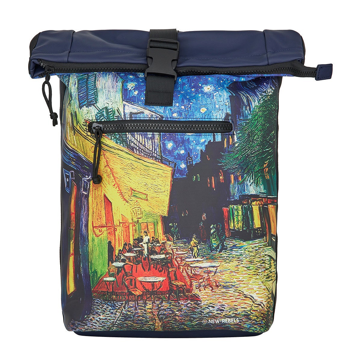 New Rebels Rucksack New York – Stylischer Rolltop mit Kunstmotiv Van Gogh Caféterrasse am Abend, wasserabweisend & praktisch