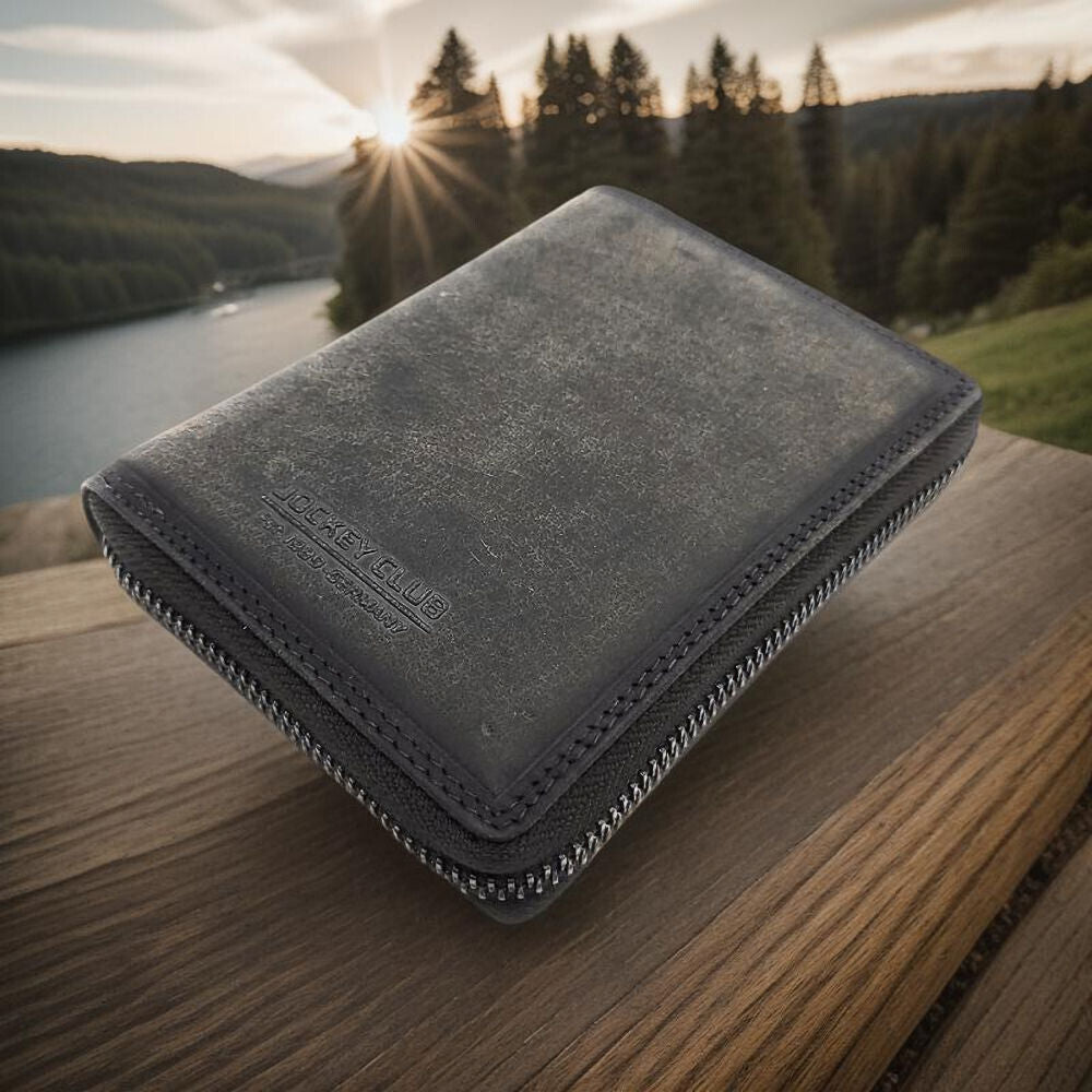 Jockey Club echt Leder Reißverschluss-Geldbörse Portemonnaie mit RFID Schutz grau