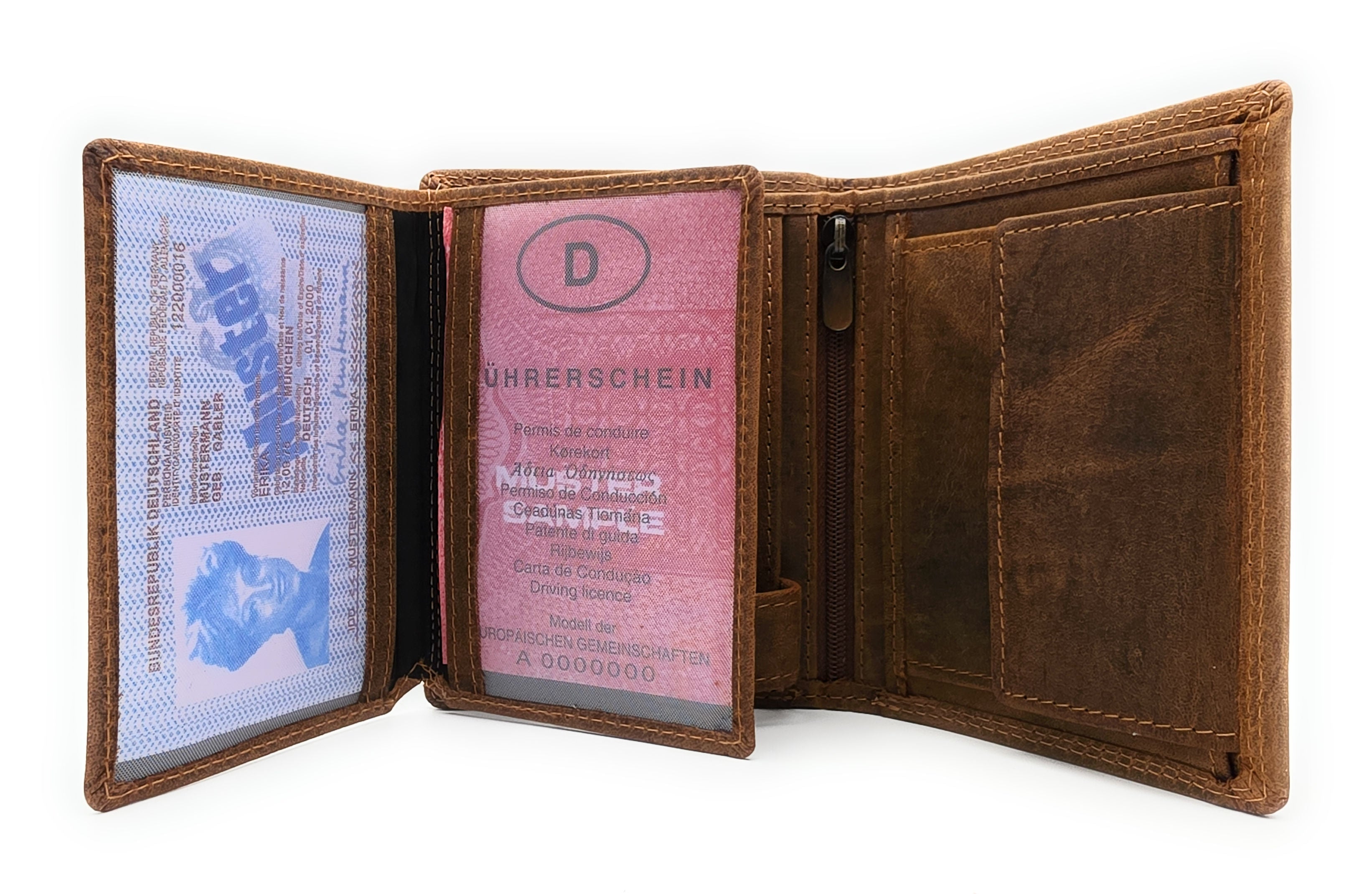 Lemasi robustes Hunterleder Portemonnaie Geldbörse RFID Blocker 19 Fächer Unisex braun