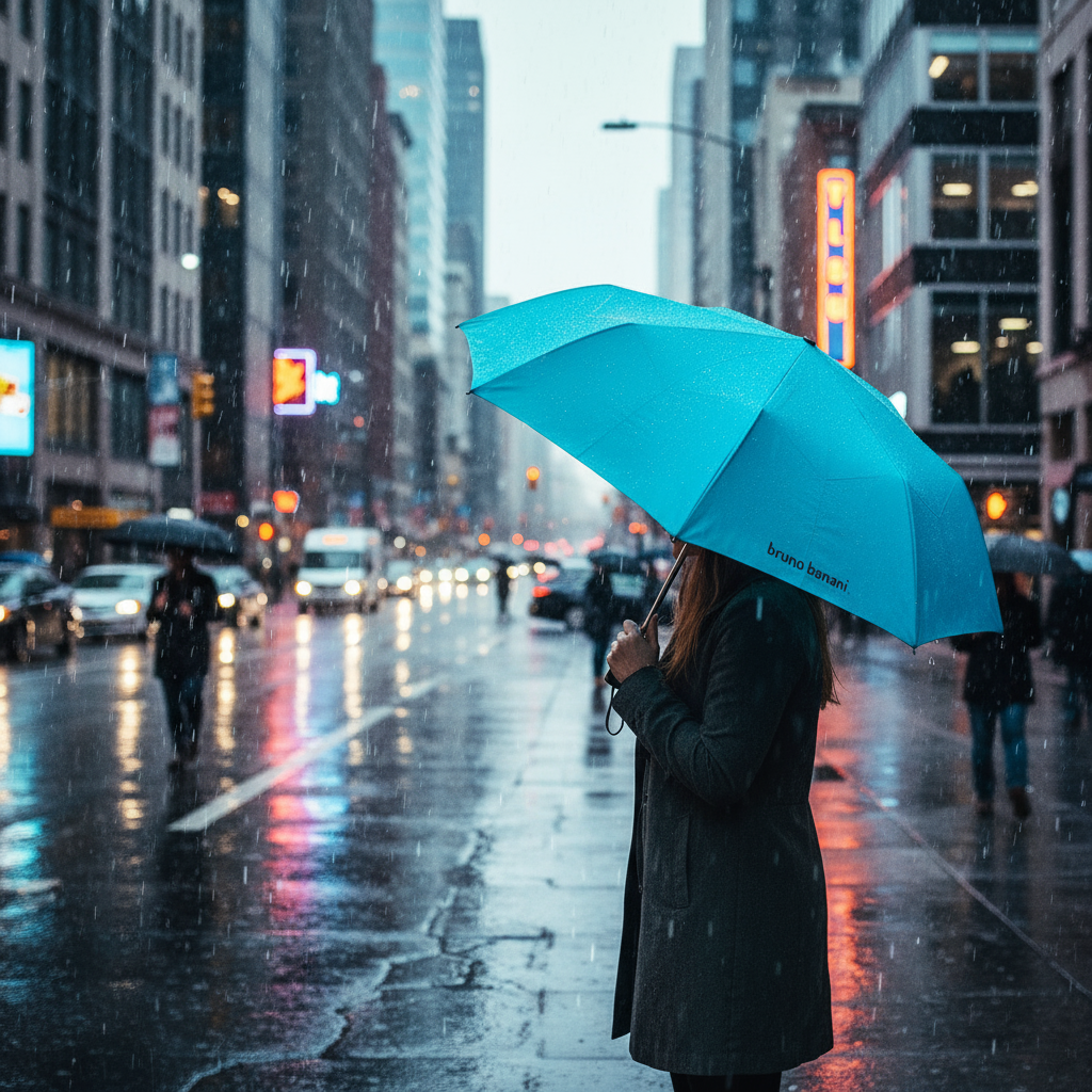 bruno banani Regenschirm Shorty – Handöffner, 7-teiliges Gestell, Polyester Pongee, mattierter Griff mit Logodruck, Schirmdach mit schwarzer Borte, Hülle mit Reißverschluss Aqua