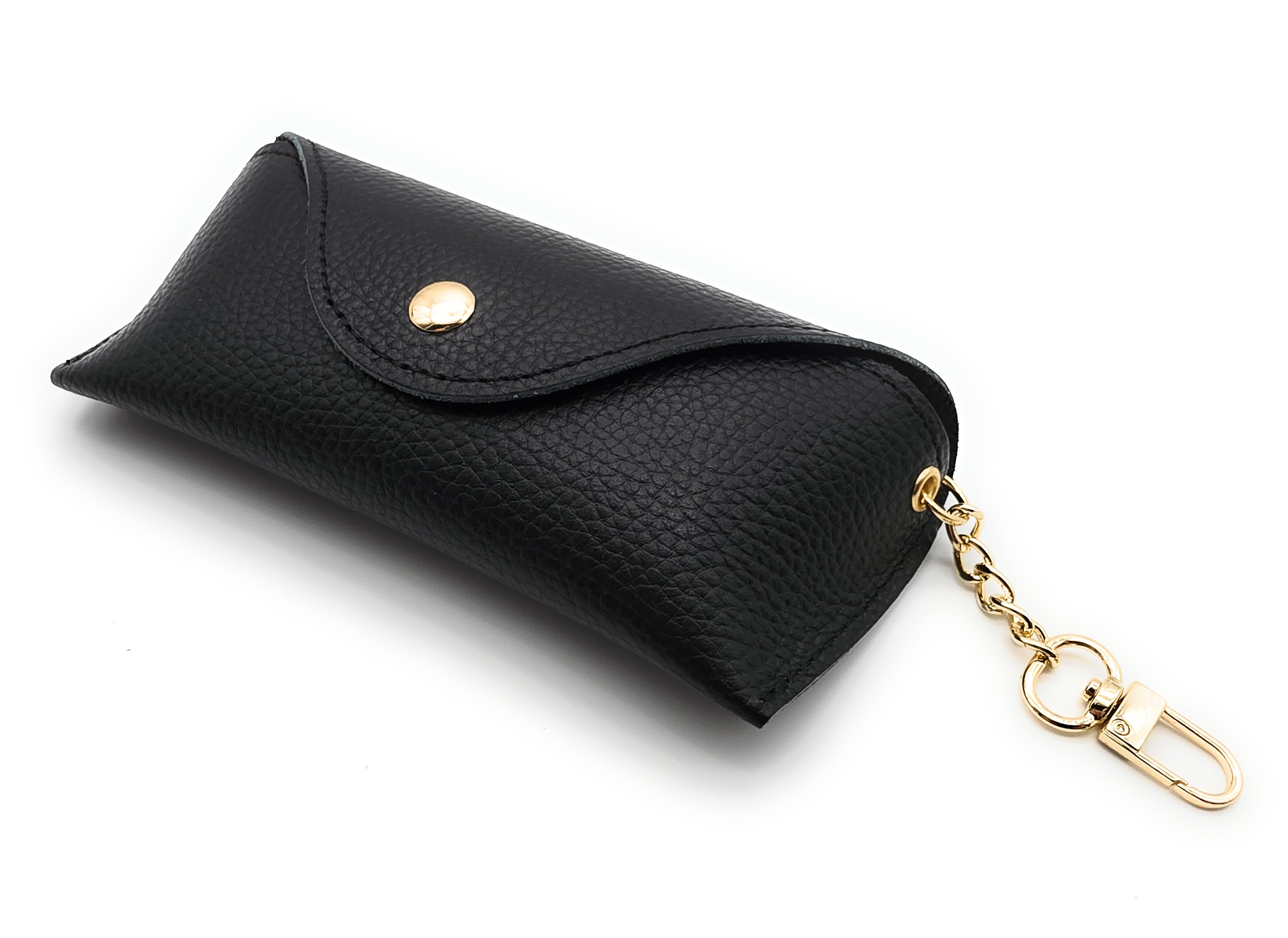 Brillenetui aus echtem Leder mit Magnetverschluss und Karabinerkette – Made in Italy schwarz