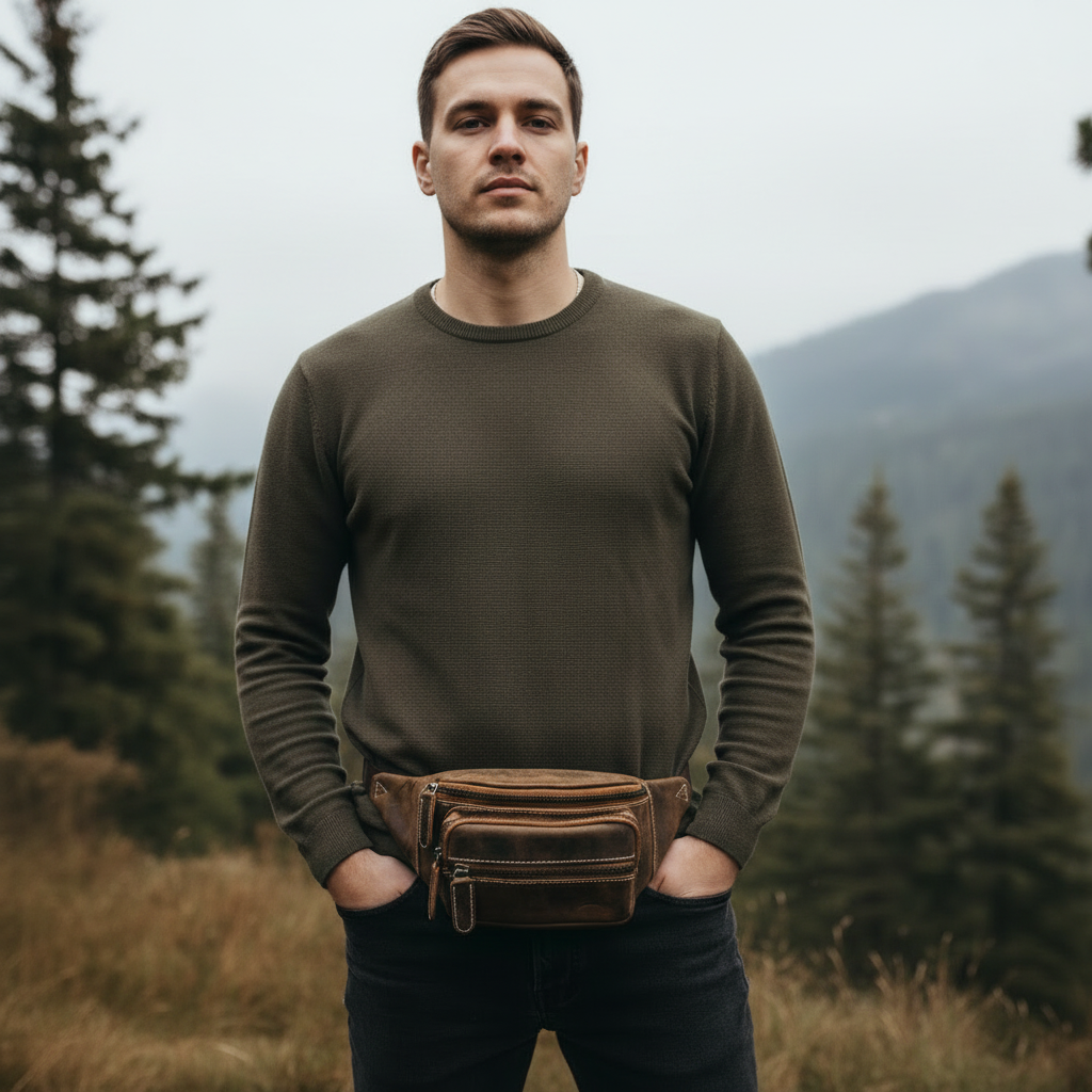 Ven Tomy Bauchtasche aus Hunterleder – robuste Leder-Gürteltasche mit 4 Fächern & verstellbarem Hüftgurt, Metallreißverschlüsse