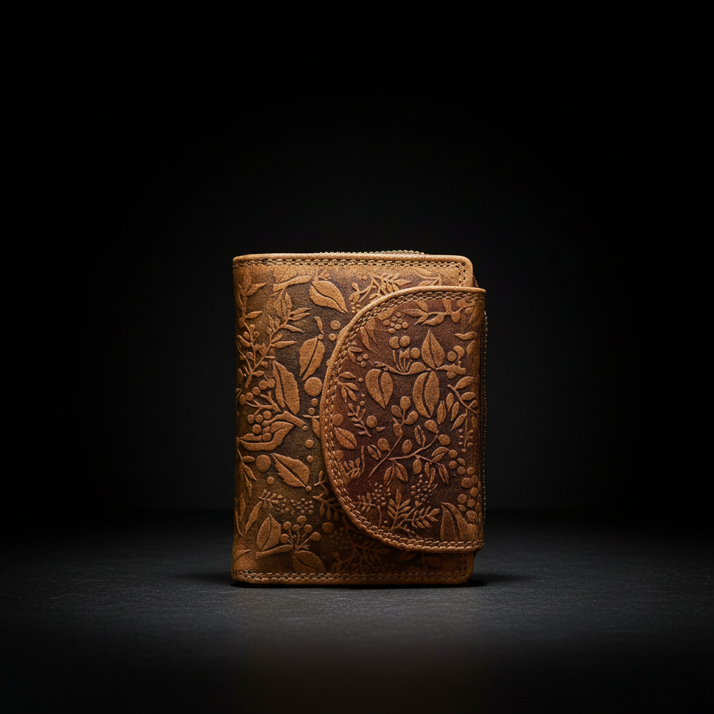 echt Leder Damen Geldbörse Portemonnaie 15 Kartenfächer florale Prägung braun