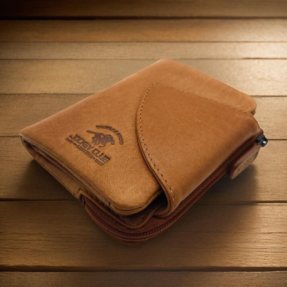 Jockey Club kleine echt Leder Geldbörse Portemonnaie mit RFID Schutz gewachstes Rindleder cognac