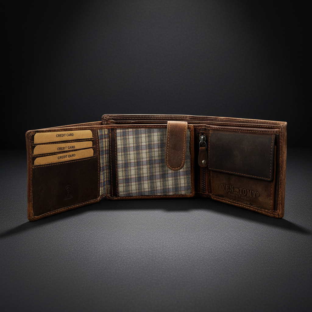 Ven Tomy Geldbörse aus Büffelleder mit RFID Schutz, Geheimfach & Reißverschlussfach – Herren Portemonnaie