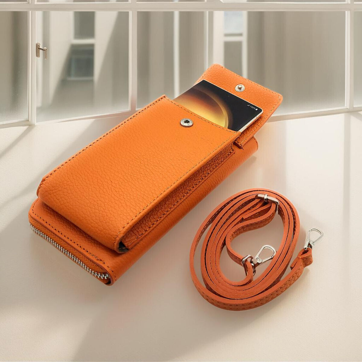echt Leder Handybörse Smartphonetasche Geldbörse Umhängetasche made in Italy orange