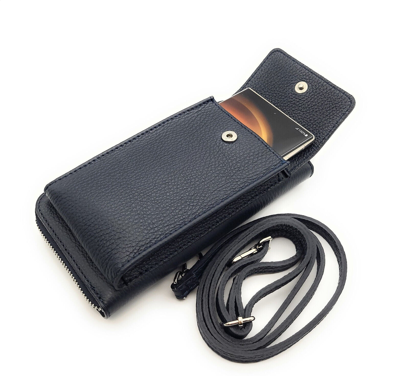 echt Leder Handybörse Smartphonetasche Geldbörse Umhängetasche made in Italy navy blau