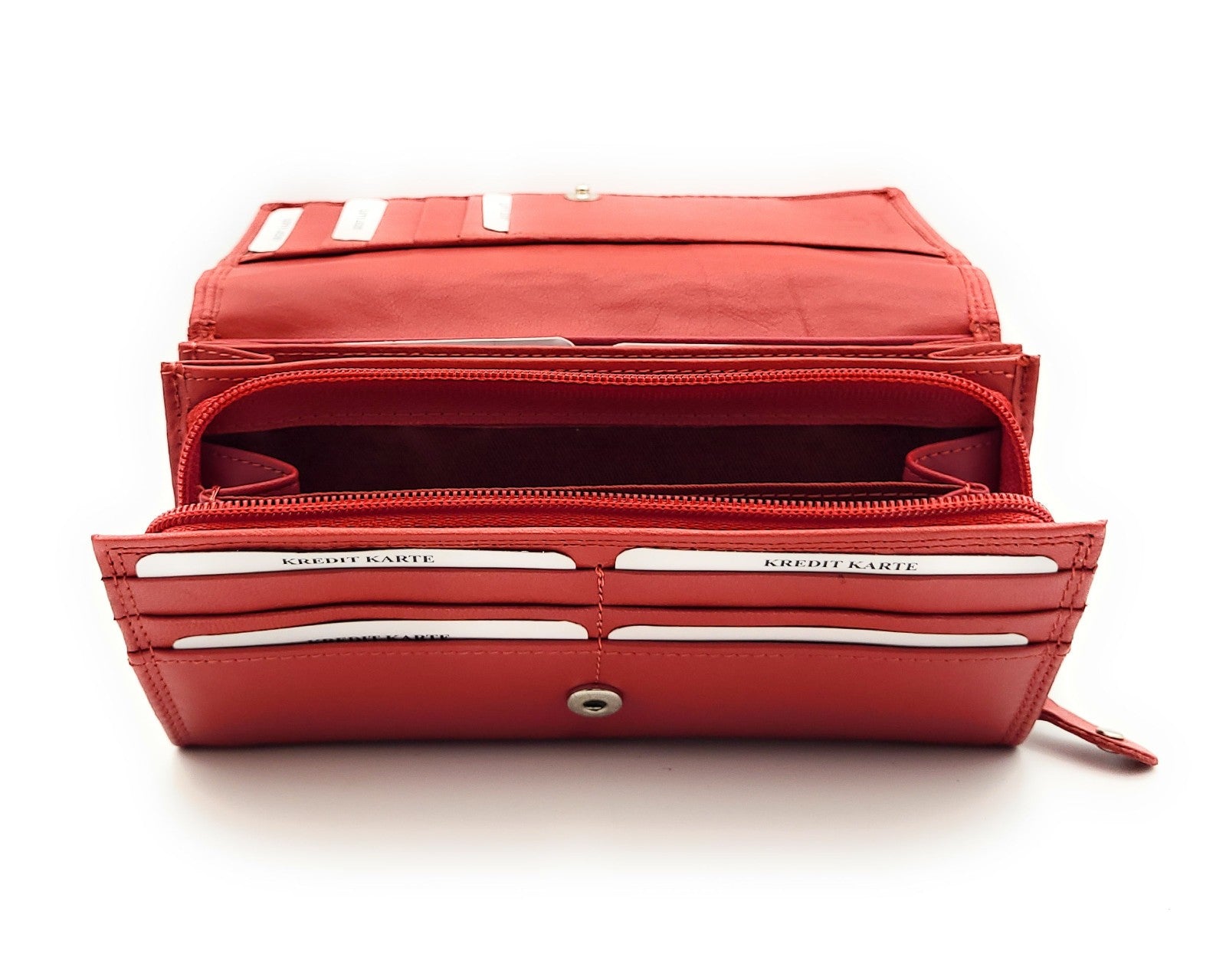 Große Damen Geldbörse aus Echtleder mit RFID-Schutz, 18 Kartenfächer, Langformat mit Münzfach & Doppelnaht rot