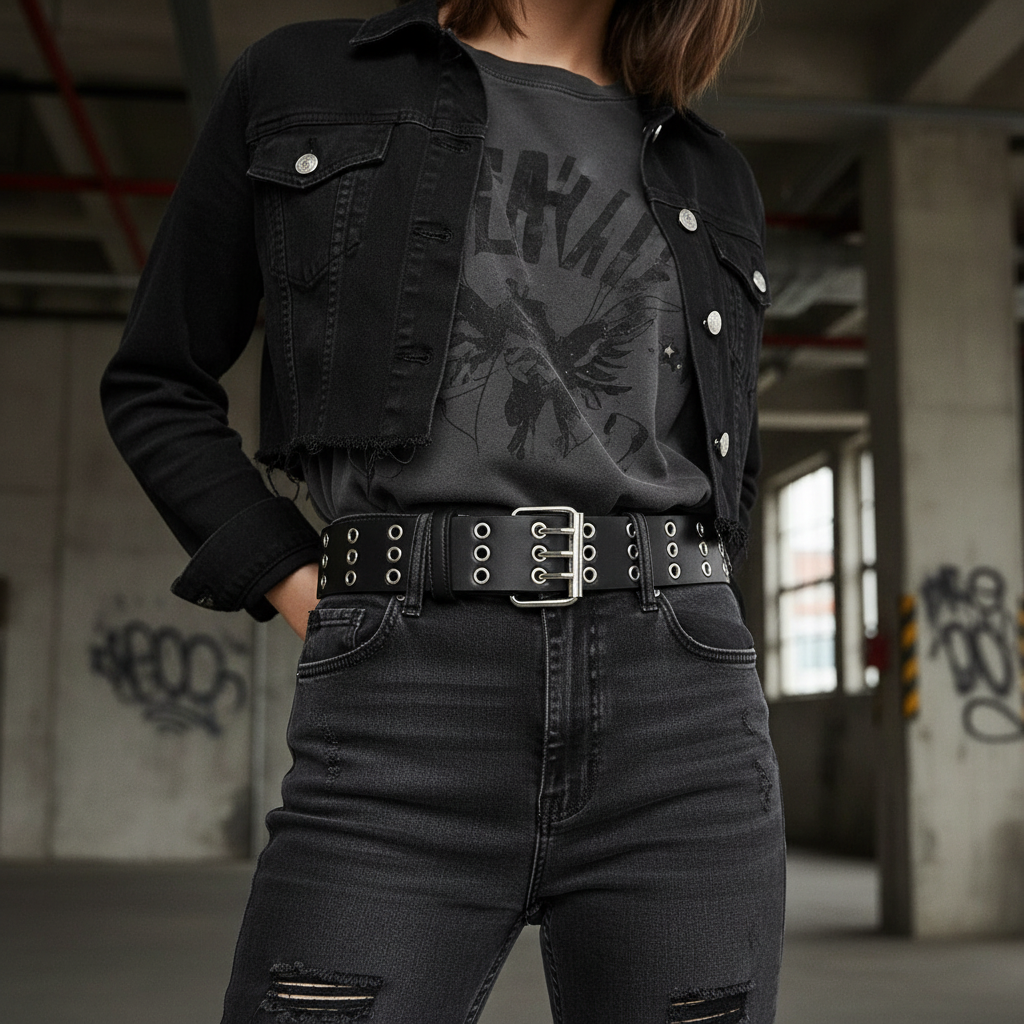 Dreireihiger Nietengürtel in Schwarz aus echtem Leder und PU, 125cm lang, Unisex Design