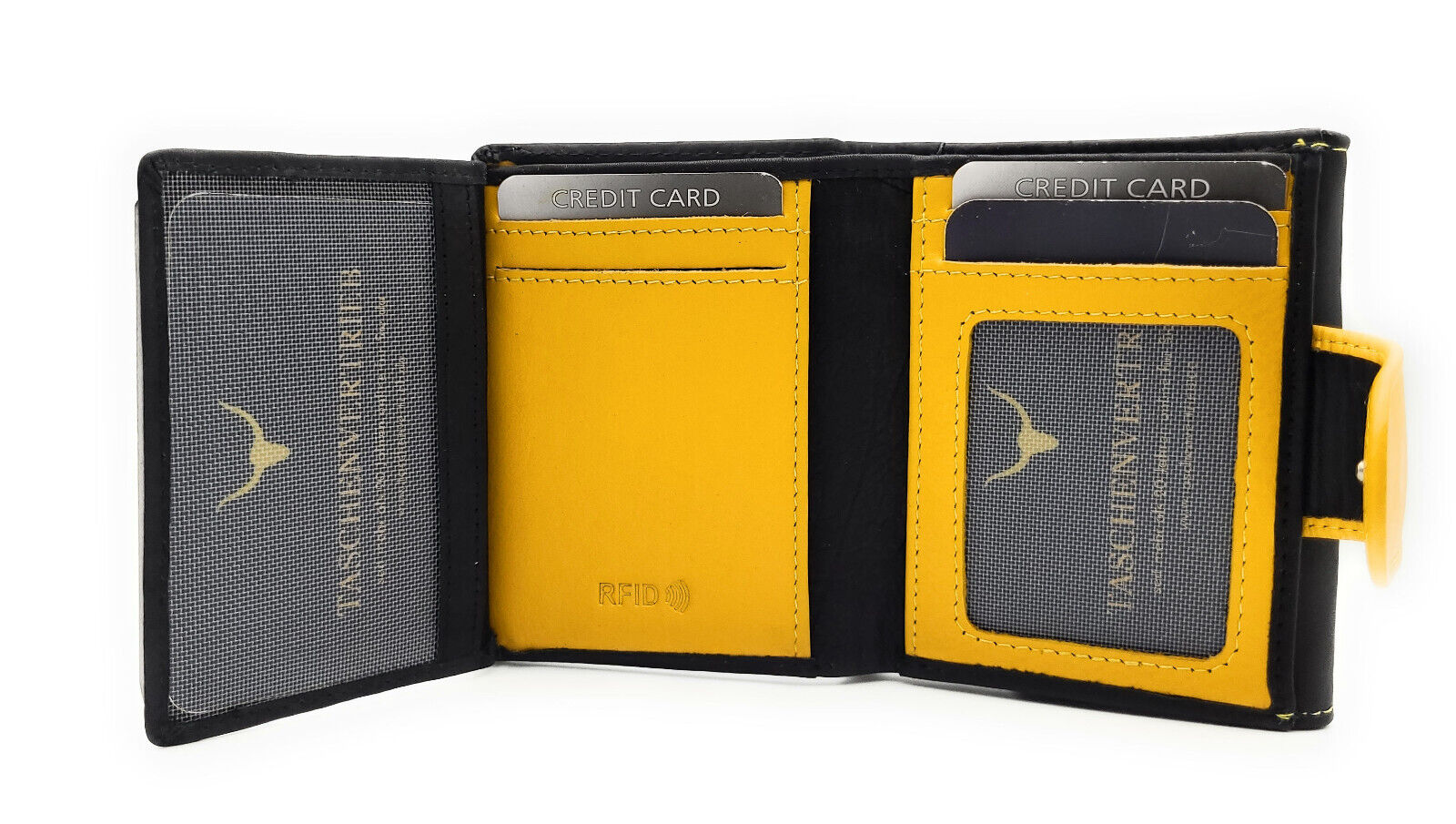 Jockey Club kleine echt Leder Geldbörse Portemonnaie Wendebörse mit RFID Schutz schwarz gelb