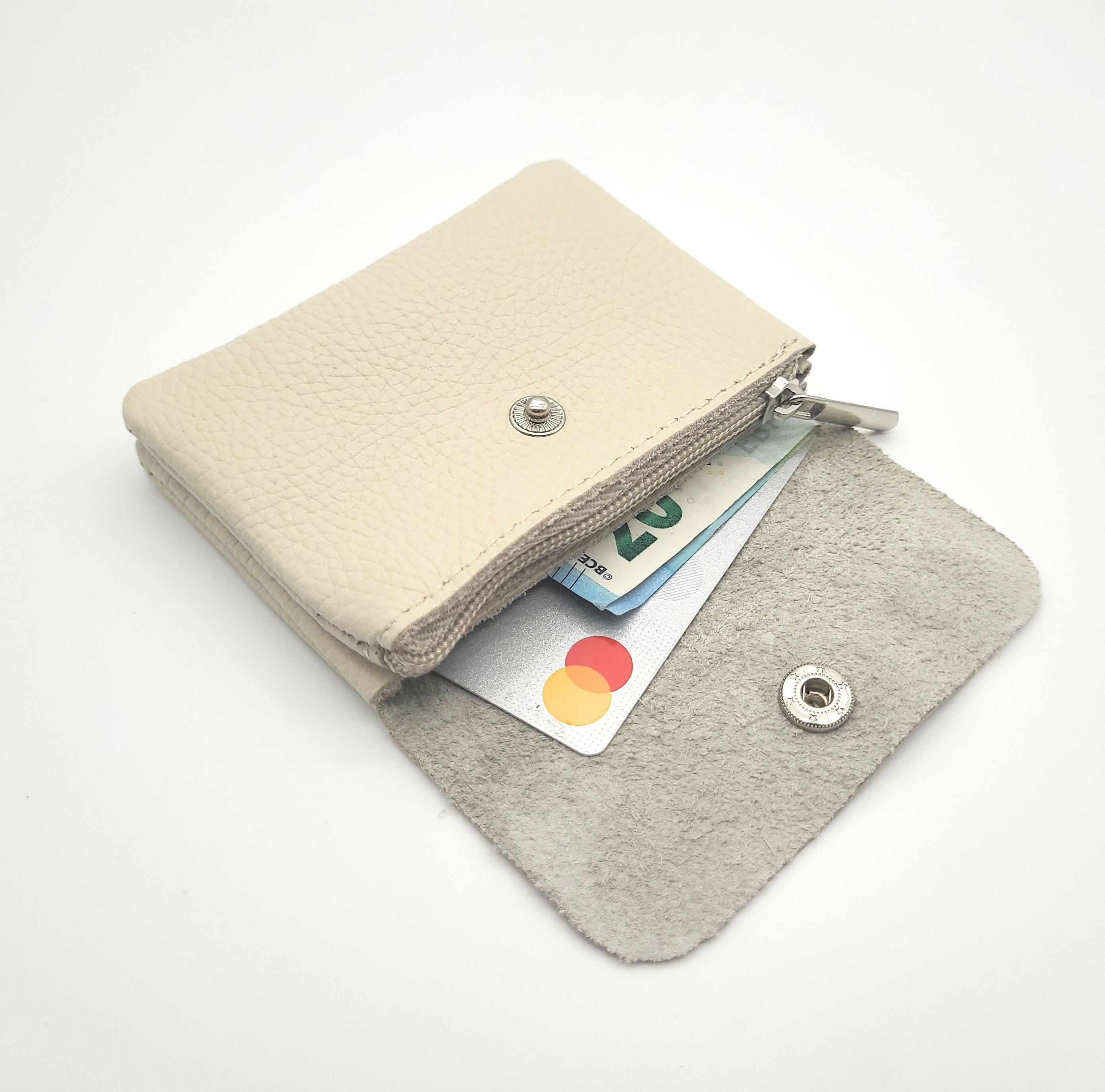 Mini Geldbörse aus echtem Rindleder – kompaktes Leder Portemonnaie Made in Italy cremeweiß