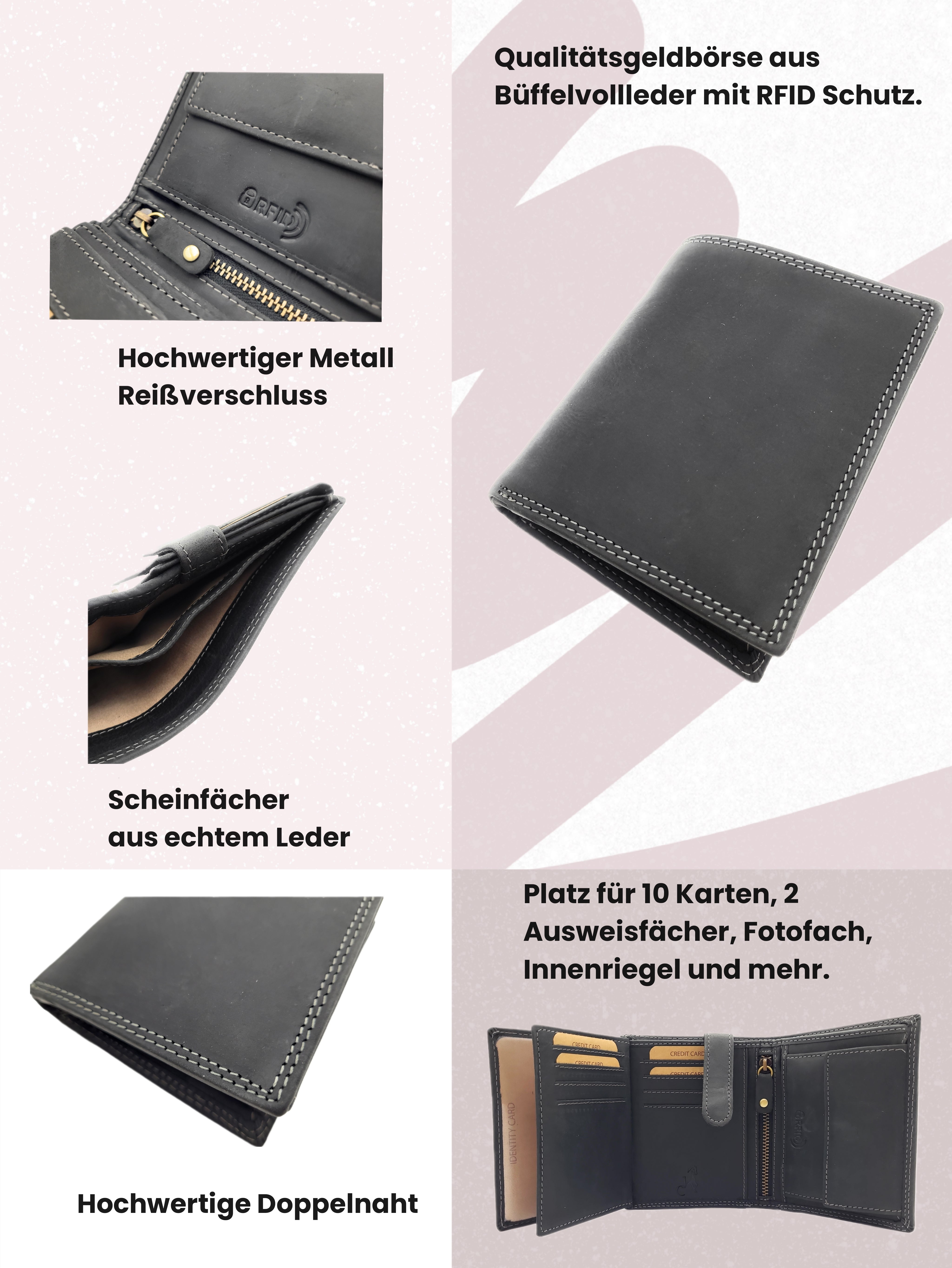 Jockey Club Basic echt Büffel Voll-Leder Geldbörse Portemonnaie Geldbeutel mit RFID NFC Schutz schwarz