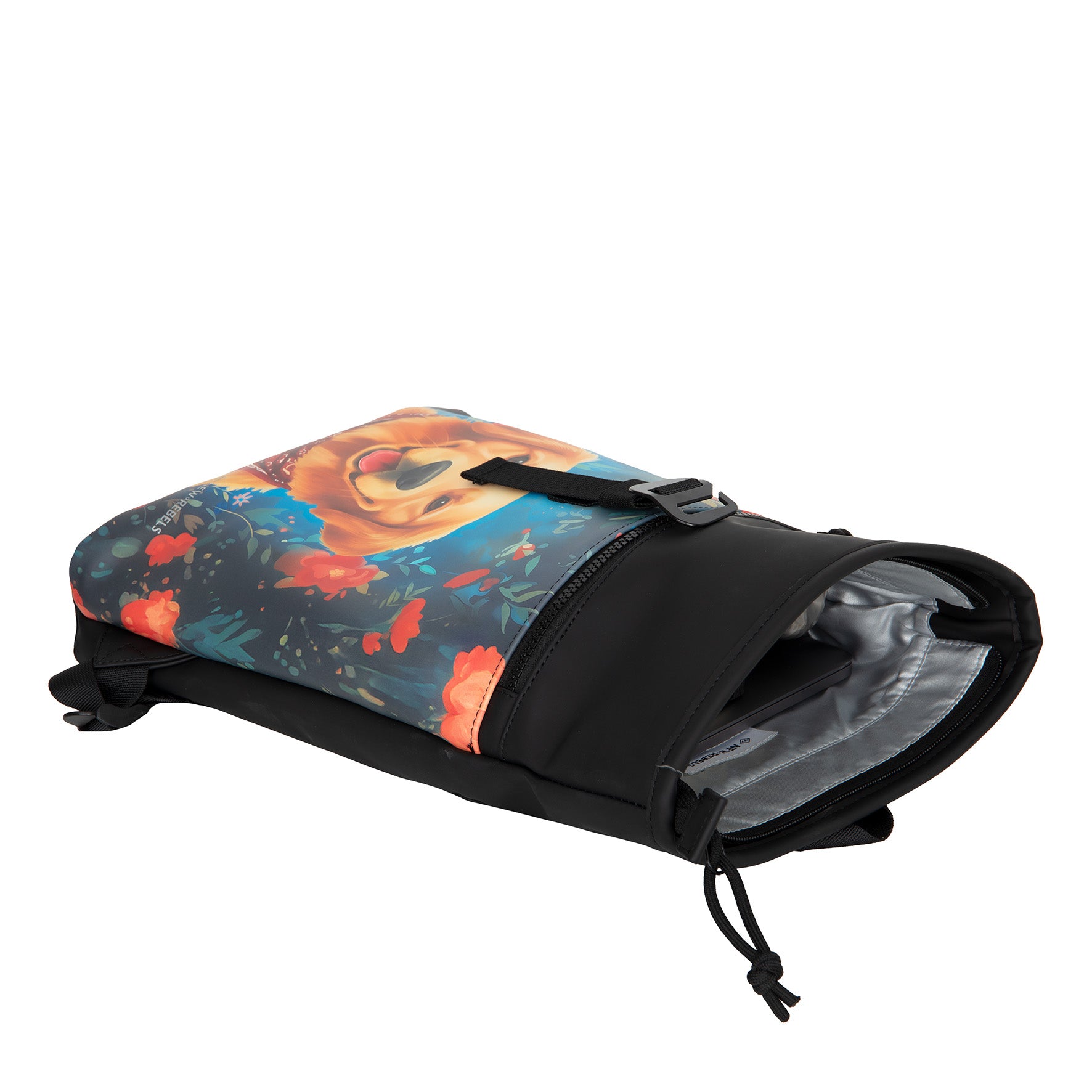 New Rebels Rolltop Cityrucksack Los Angeles – Stylischer Rolltop Rucksack mit Golden Retriever -Design, Wasserabweisend & Praktisch