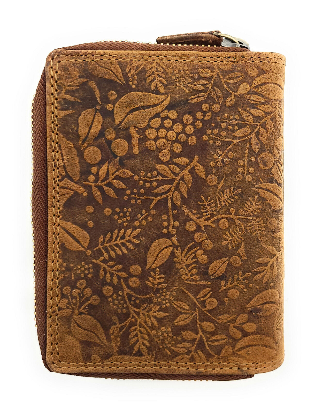 echt Leder Damen Geldbörse Portemonnaie 15 Kartenfächer florale Prägung braun