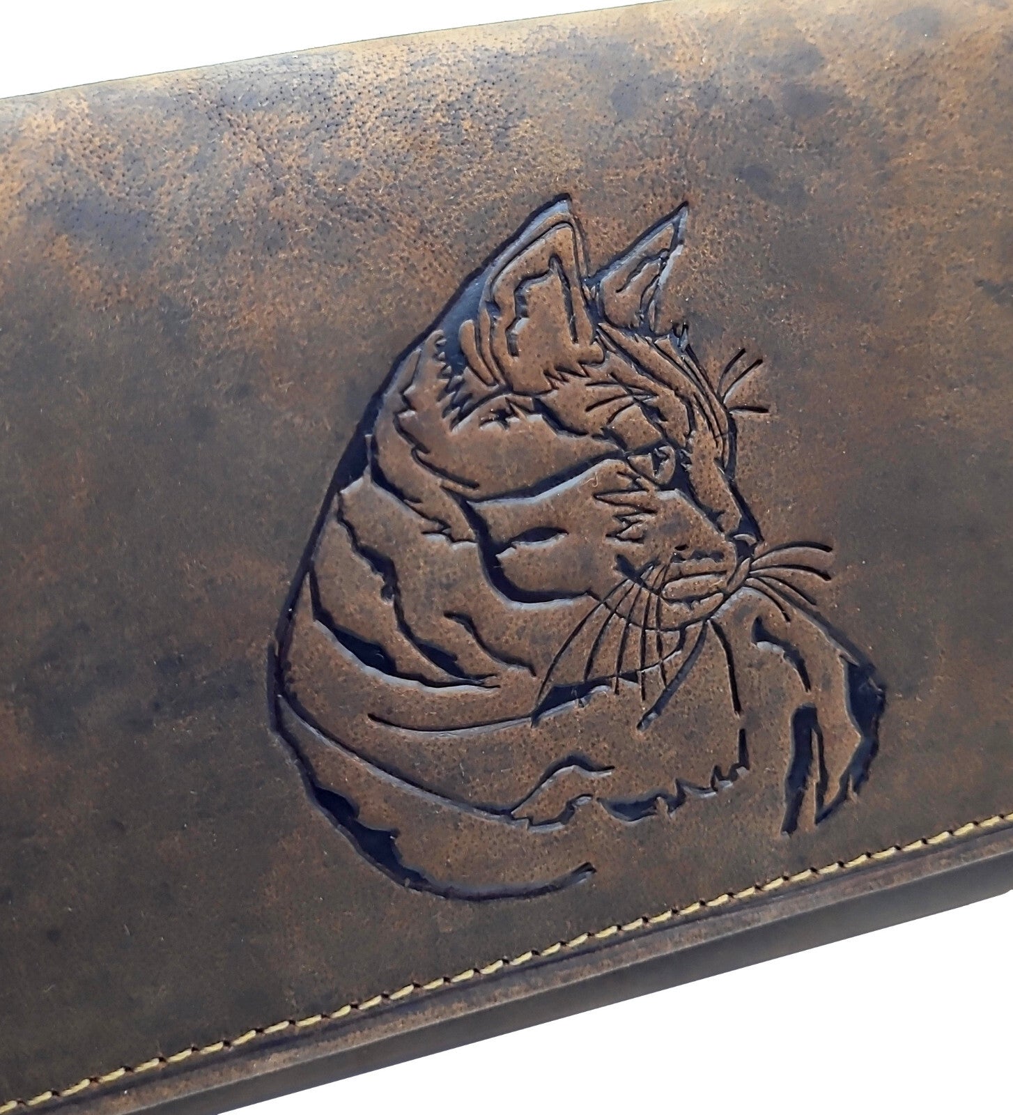 Jockey Club Damenbörse Geldbörse Hunterleder mit Katzenprägung – RFID-Schutz & viele Fächer, Braun