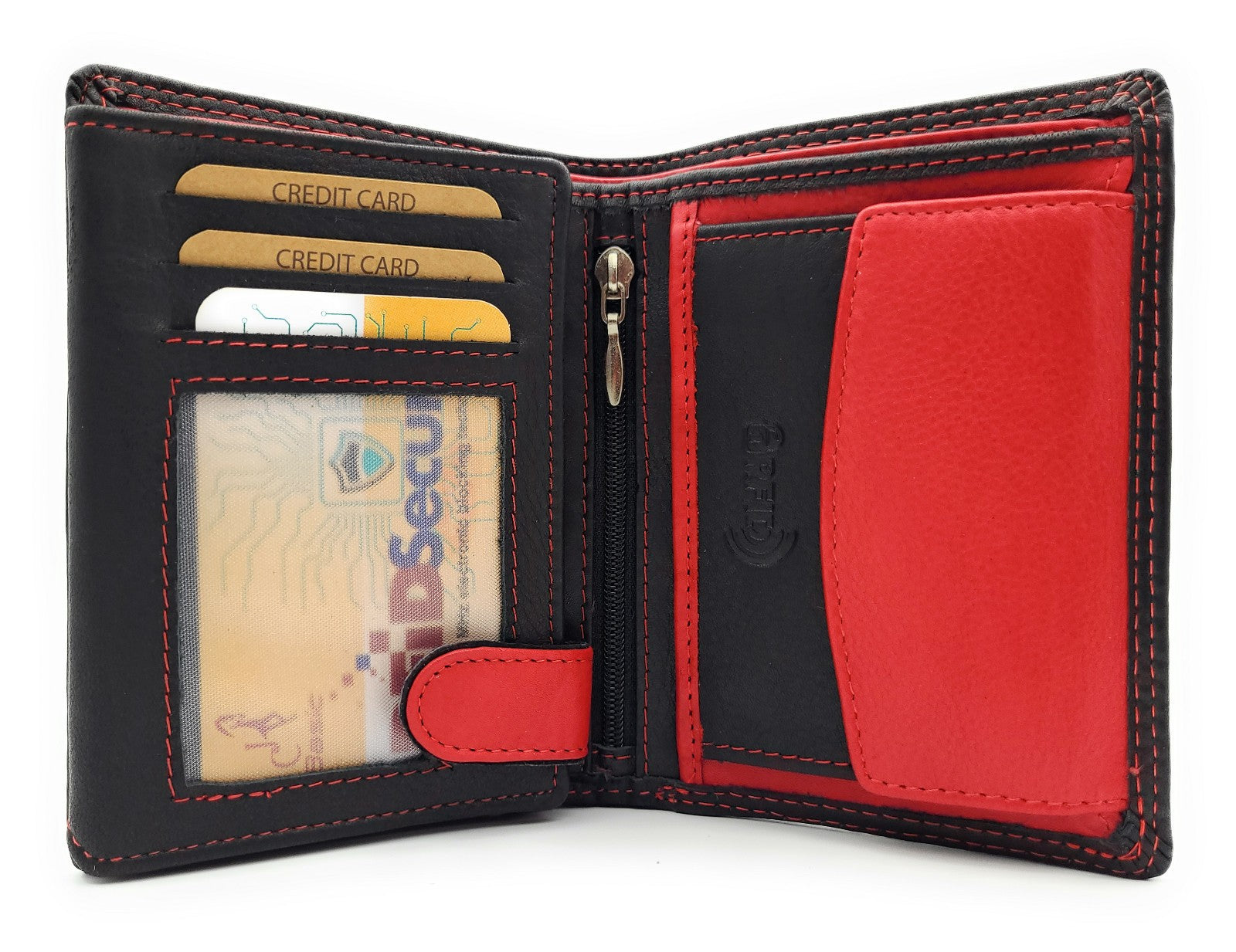 Jockey Club Basic Geldbörse aus Rindleder mit RFID-Schutz, Reißverschlussfach, 6 Kartenfächern, 2 Sicht- & 2 Einsteckfächern, Münzfach & Doppelnaht schwarz rot