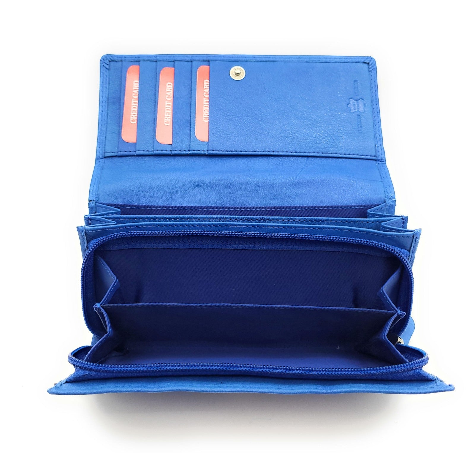 Große Damen Geldbörse aus Echtleder mit RFID-Schutz, 18 Kartenfächer, Langformat mit Münzfach & Doppelnaht blau