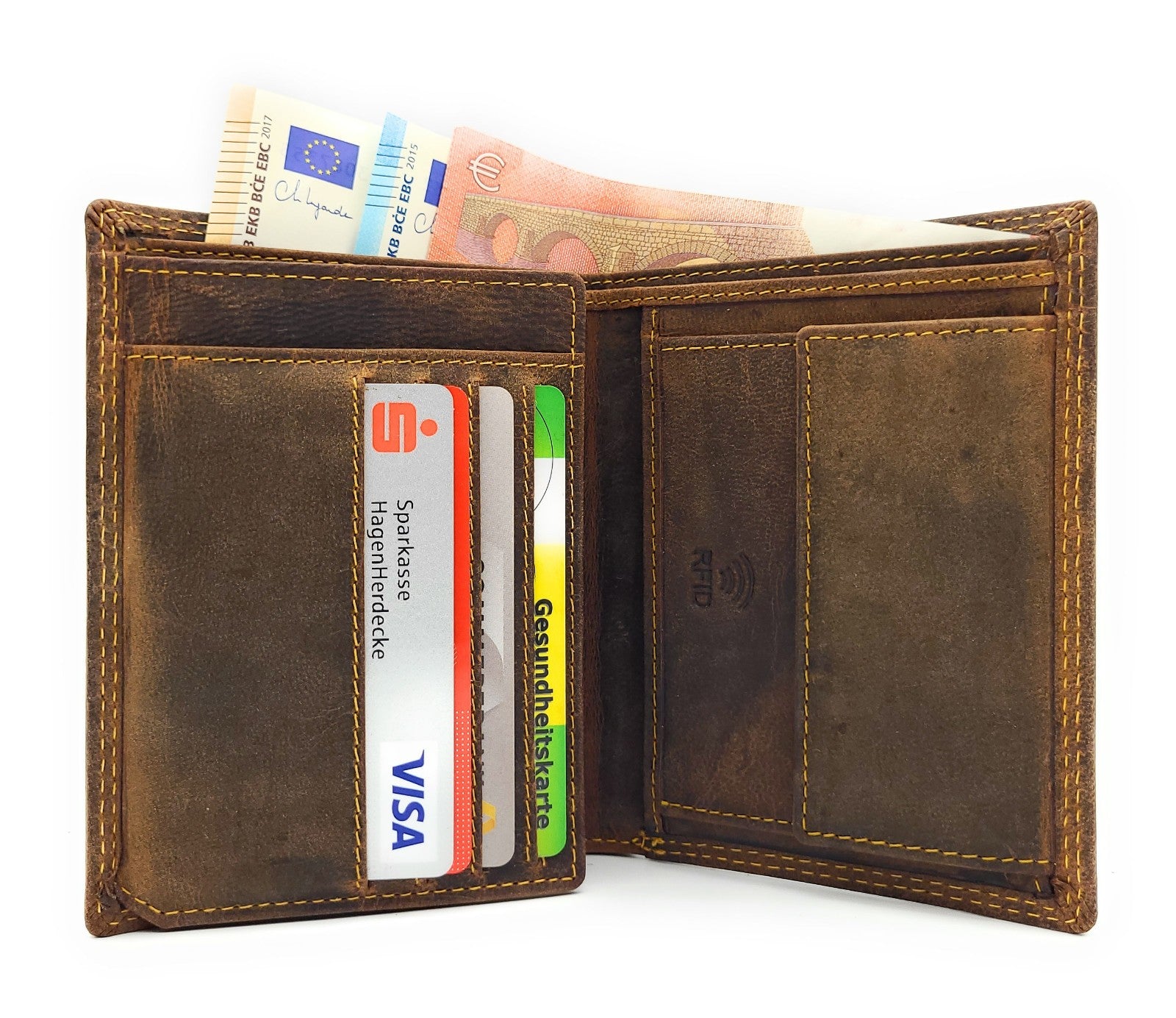 Hunterleder Portemonnaie Hochformat mit RFID-Schutz – 7 Kartenfächer, Münzfach, Doppelnaht, bestes Preis-Leistungs-Verhältnis