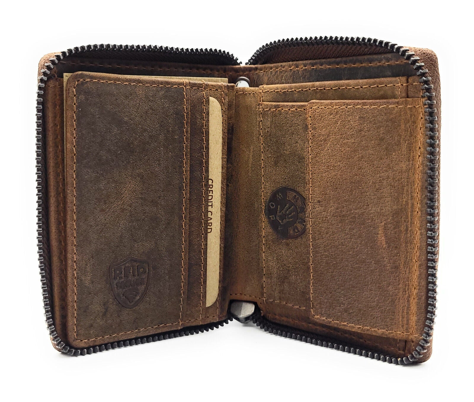 Jockey Club kompakte echt Leder Reißverschluss-Geldbörse Portemonnaie mit RFID Schutz braun