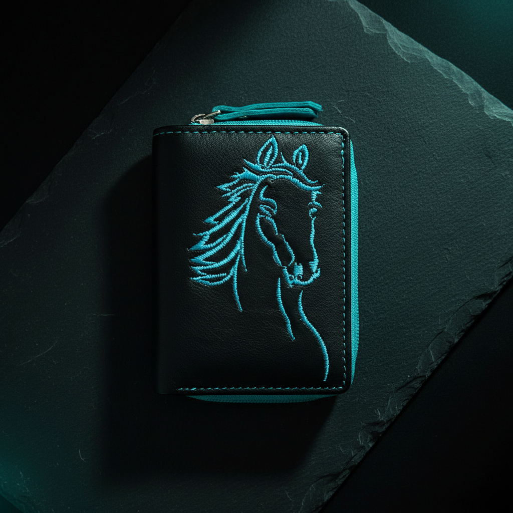 Jockey Club Mini-Geldbörse aus Leder mit RFID-Schutz & Pferde-Stickerei – kompakt & stilvoll schwarz türkis
