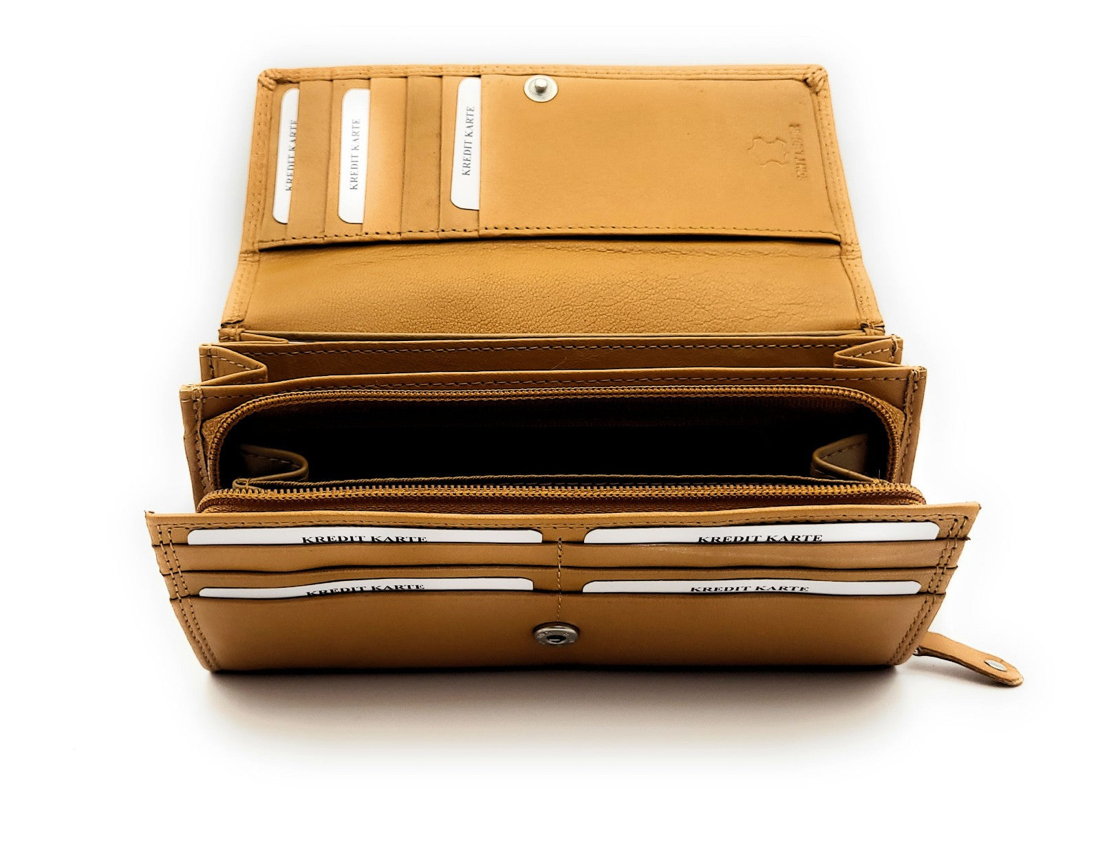 Innenansicht der Echtleder Damen Geldbörse mit 18 Kartenfächern, zwei Scheinfächern und Münzfach