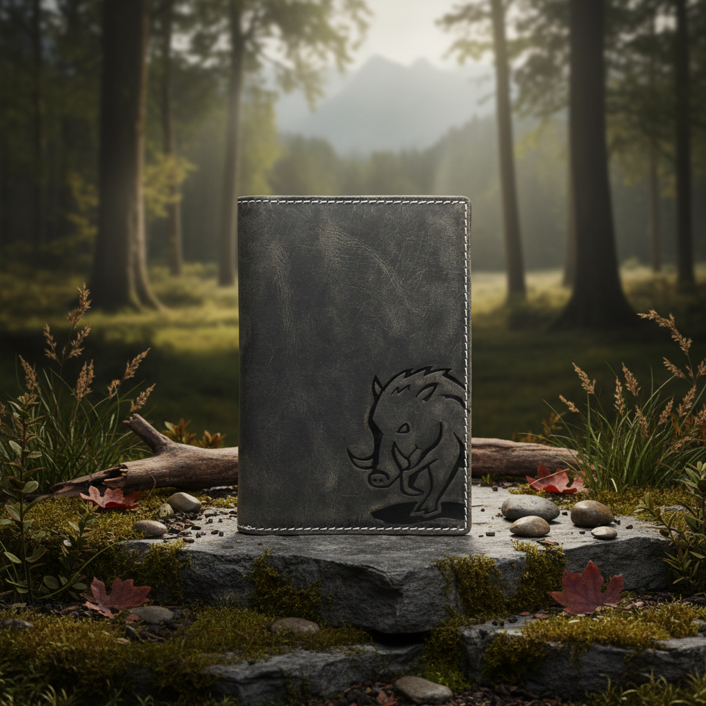 Jockey Club echt Leder Passhülle Etui Dokumenten Mappe für Jagdschein Waffenbesitzkarte usw. Quattro Wildsau grau