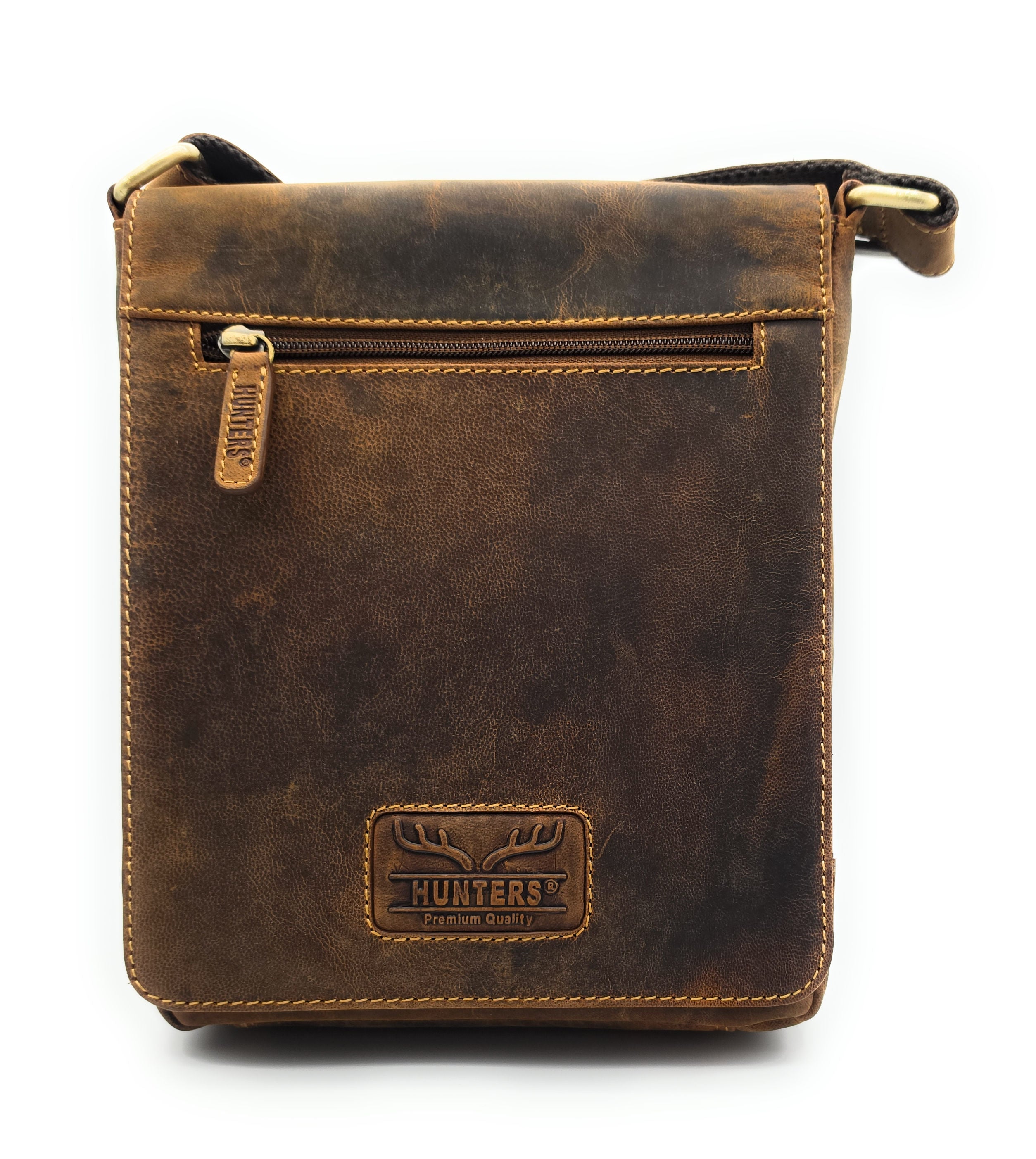 Hunters Umhängetasche Herren – Echtleder Vintage Braun, Messenger Bag mit Überschlag