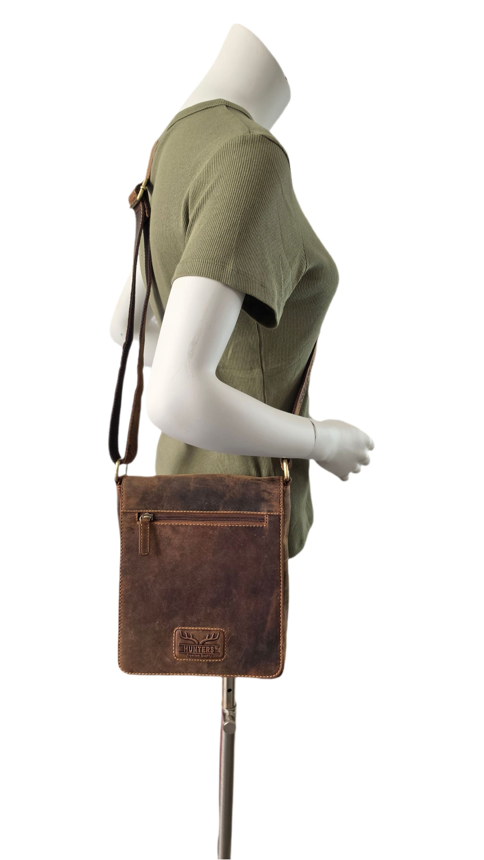 Hunters Umhängetasche Herren – Echtleder Vintage Braun, Messenger Bag mit Überschlag