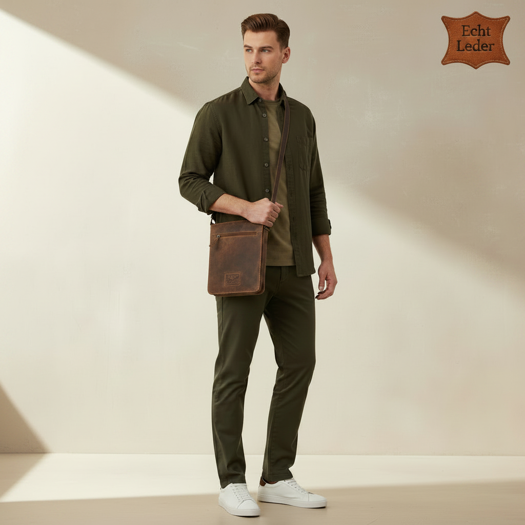 Hunters Umhängetasche Herren – Echtleder Vintage Braun, Messenger Bag mit Überschlag