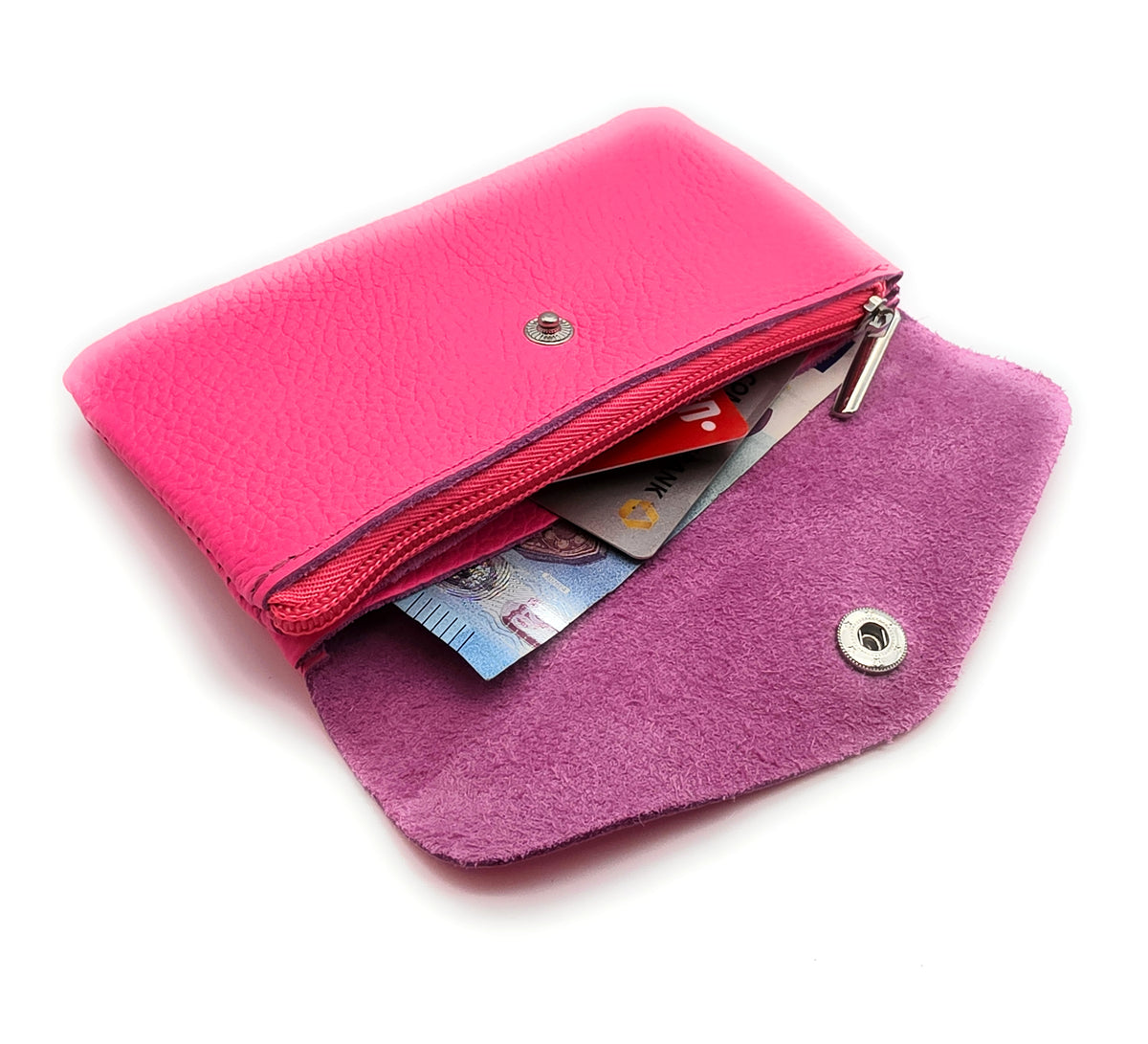 Geldbörse aus echtem Rindleder – kompaktes Leder Portemonnaie Made in Italy neonpink