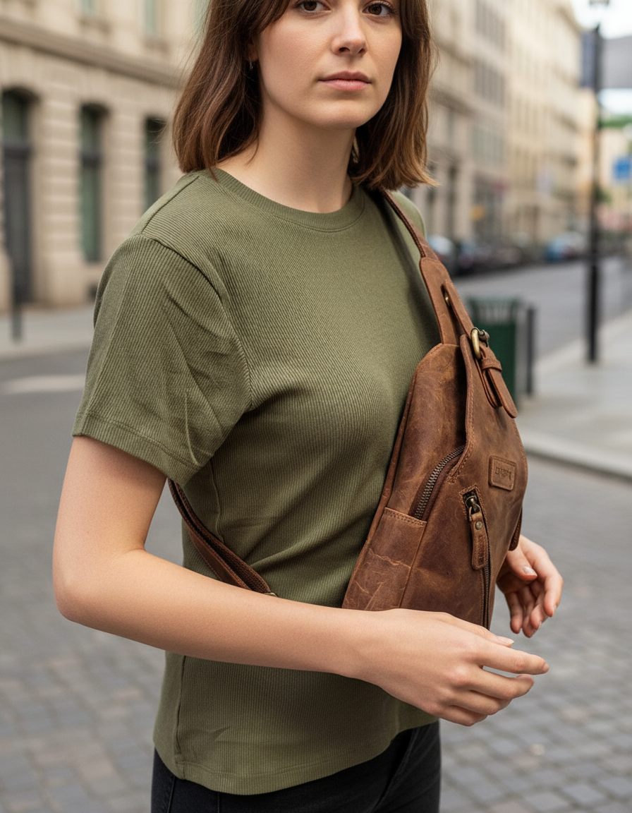 Leatherfox Slingbag aus Hunterleder – Echtleder Umhängetasche | Rechts & Links tragbar | 30x15x8 cm