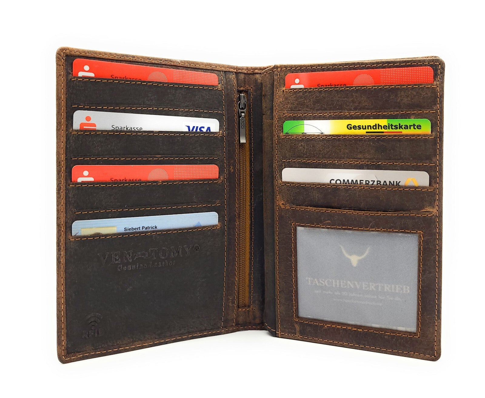 Ven Tomy Reisebrieftasche aus echtem Büffelleder – Leder-Geldbörse mit 12 Kartenfächern, Sichtfächern & Dokumententasche für Reisen und Alltag