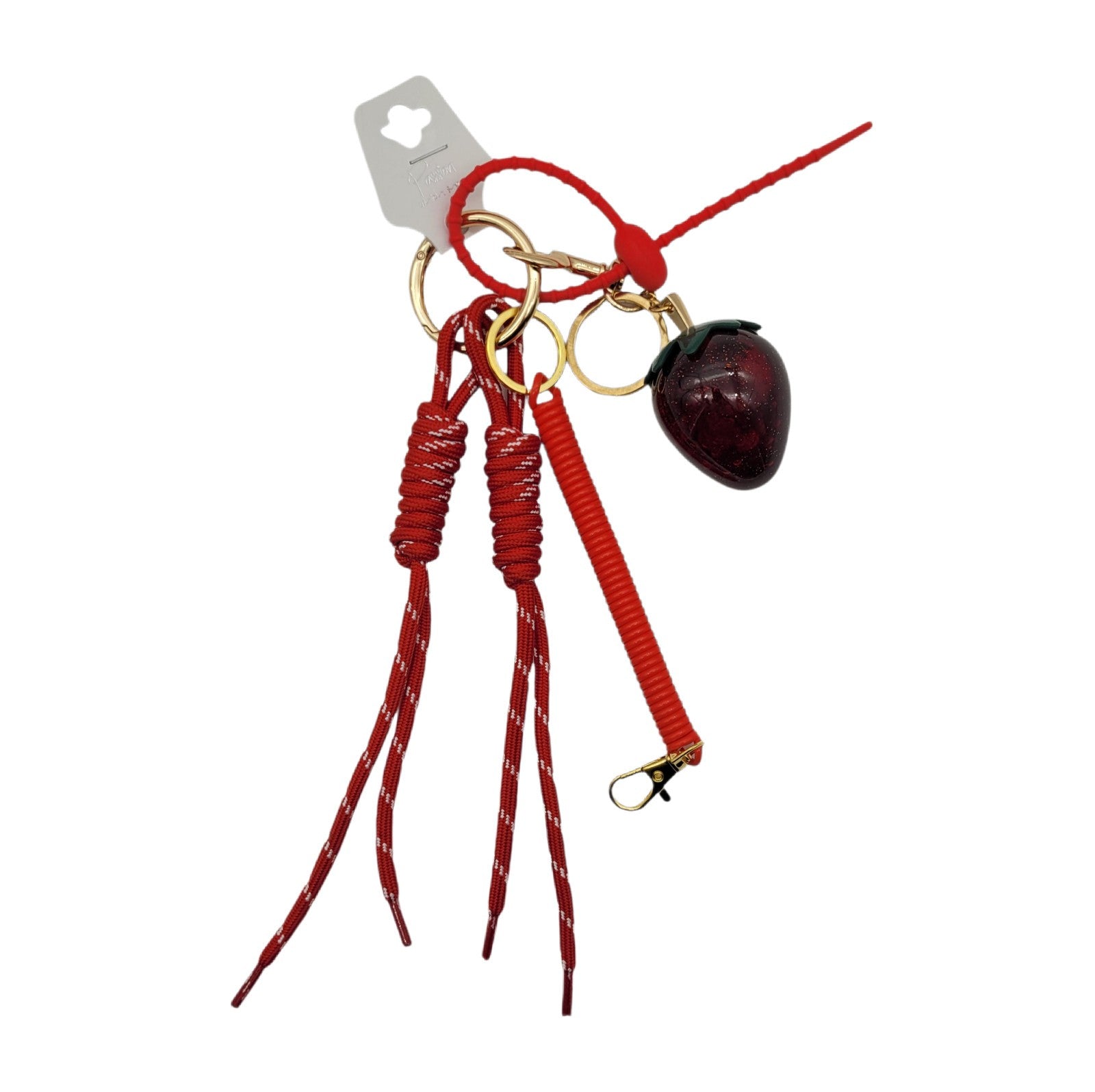 Handtaschen-Anhänger Charm Erdbeere 25cm Geflochtene Kordeln Rot Gold