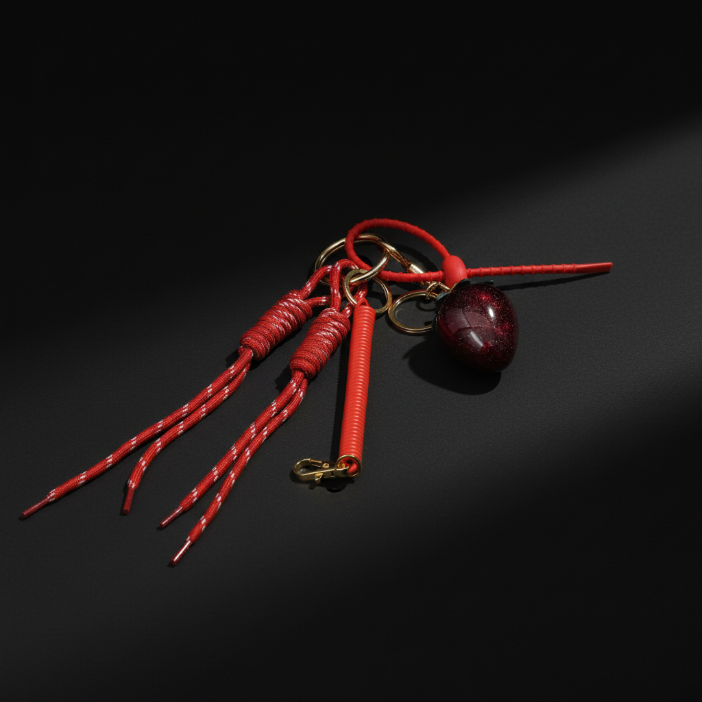 Handtaschen-Anhänger Charm Erdbeere 25cm Geflochtene Kordeln Rot Gold