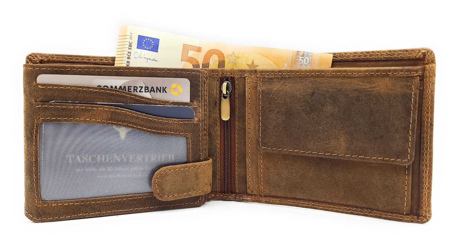 Lemasi Büffelleder Unisex Geldbörse mit Eulen-Prägung - RFID Schutz - 16 Fächer - Hunterleder Querformat