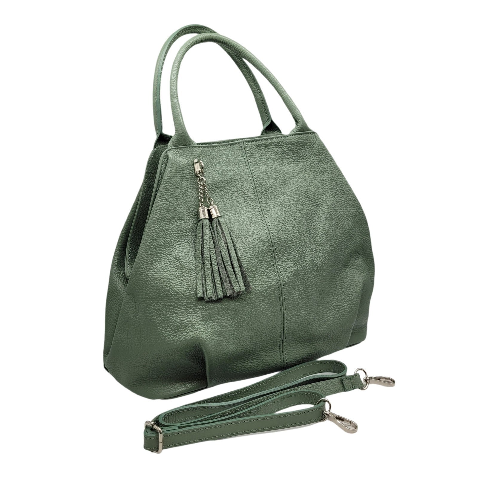 Damen Handtasche Grün aus Echtleder – Made in Italy – Schultergurt, Tragehenkel, Innenfächer, Reißverschluss, silberne Metall-Details