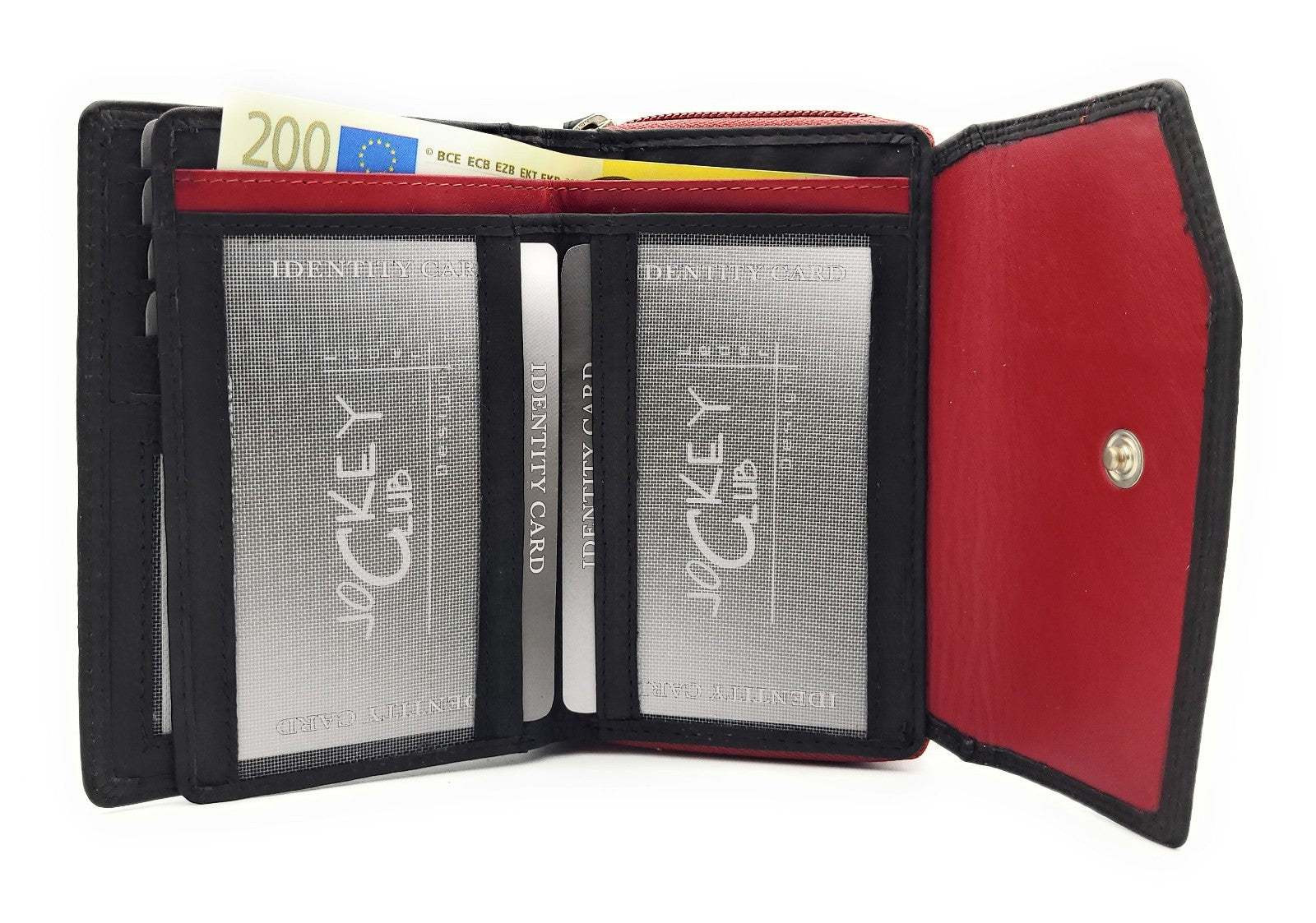Jockey Club Geldbörse aus echtem Rindleder im Triangel-Design mit Druckknopf-Überschlag, RFID-Schutz, 9 Kartenfächern, Sichtfächern, Münzfach & Doppelnaht schwarz rot