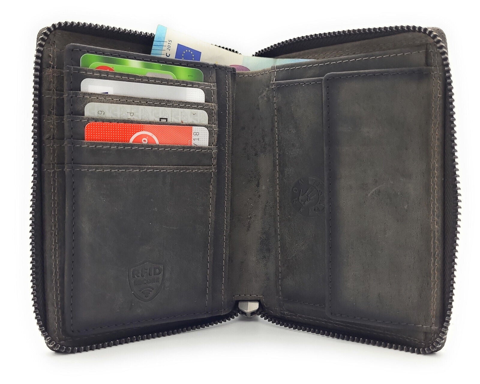 Jockey Club echt Leder Reißverschluss-Geldbörse Portemonnaie mit RFID Schutz grau