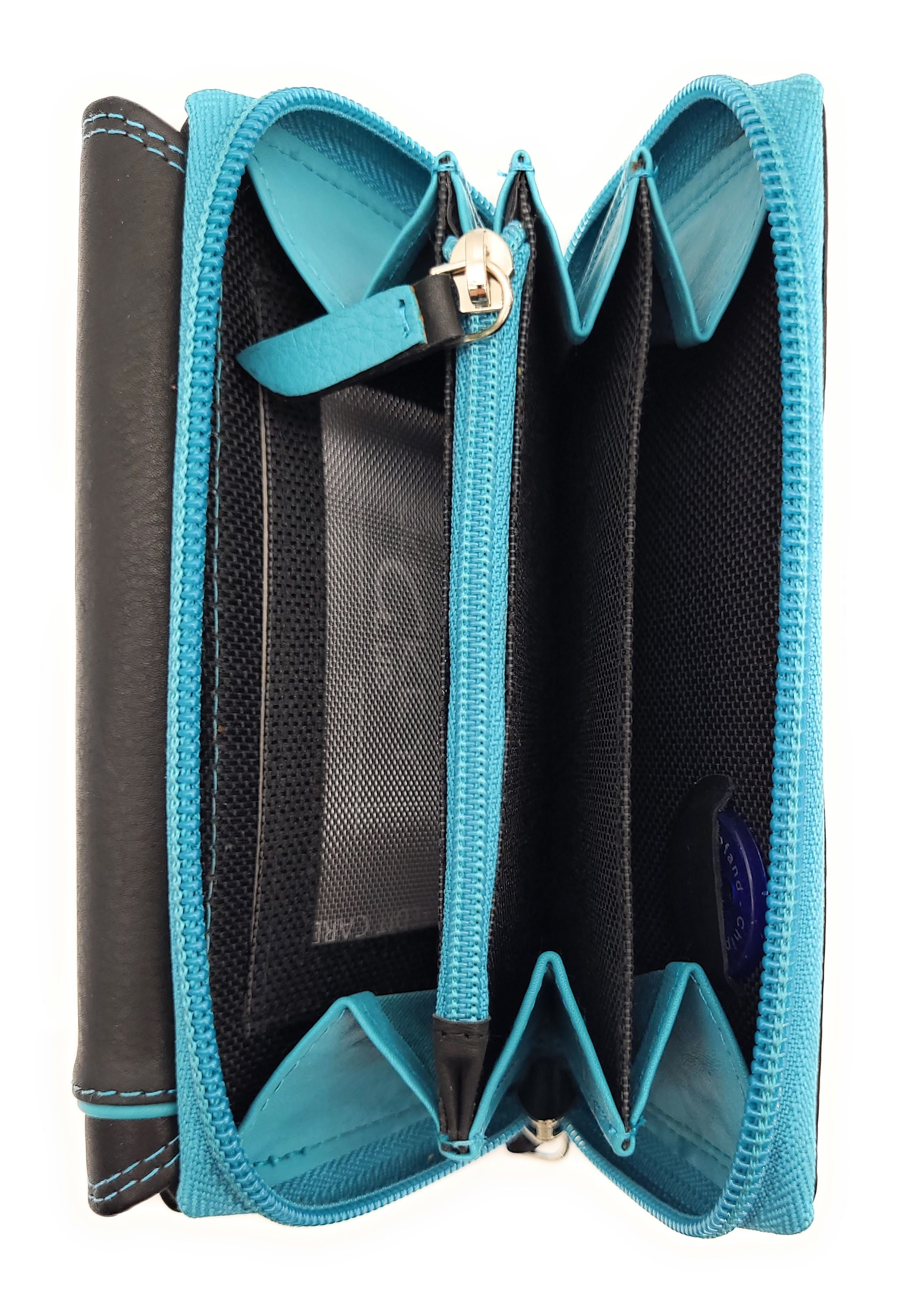 Jockey Club Leder-Geldbörse mit RFID-Schutz – Triangel-Design schwarz-türkis