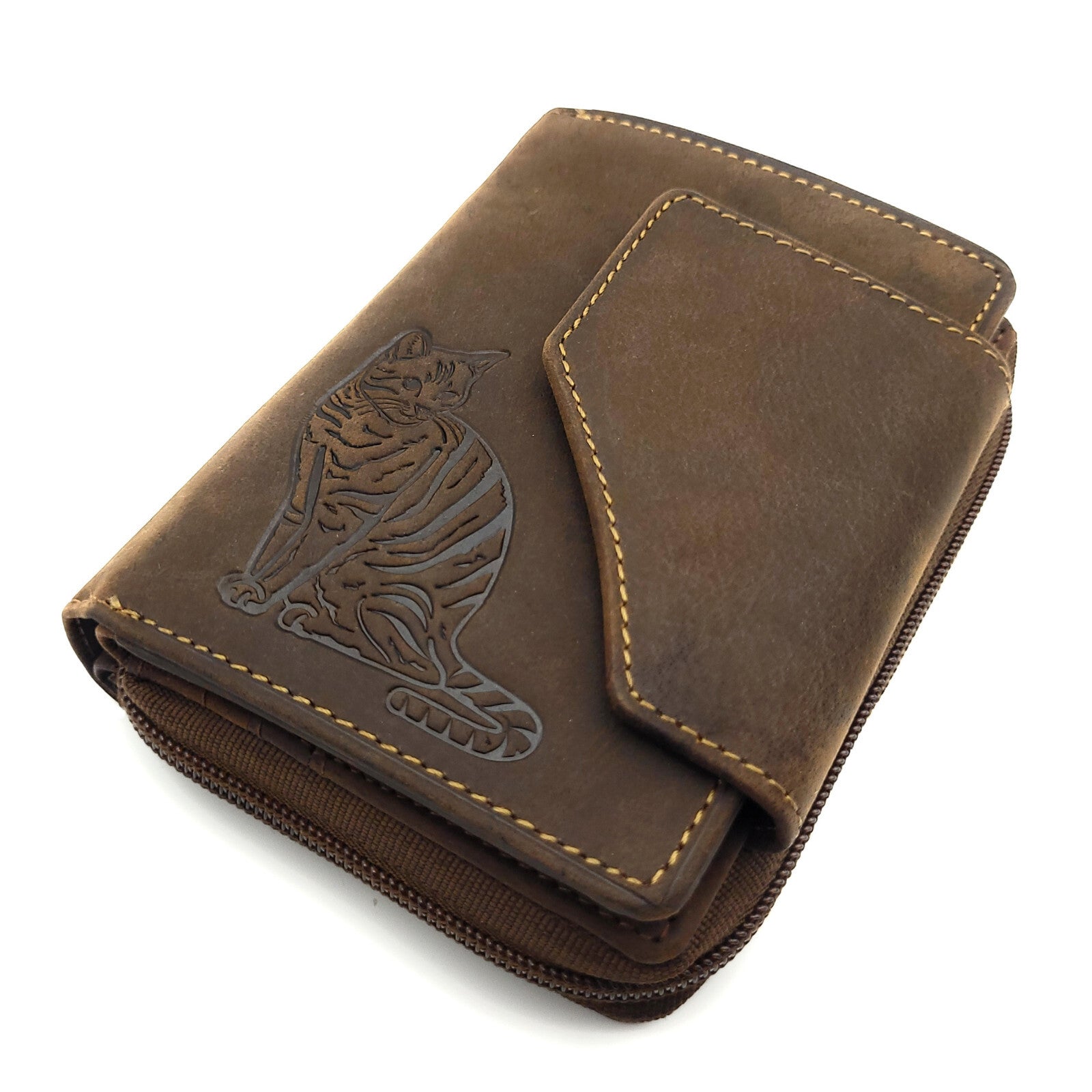 Jockey Club Geldbörse Hunterleder Braun mit Katzenprägung & RFID Schutz – 11 Kartenfächer, Sichtfach, Münzfach
