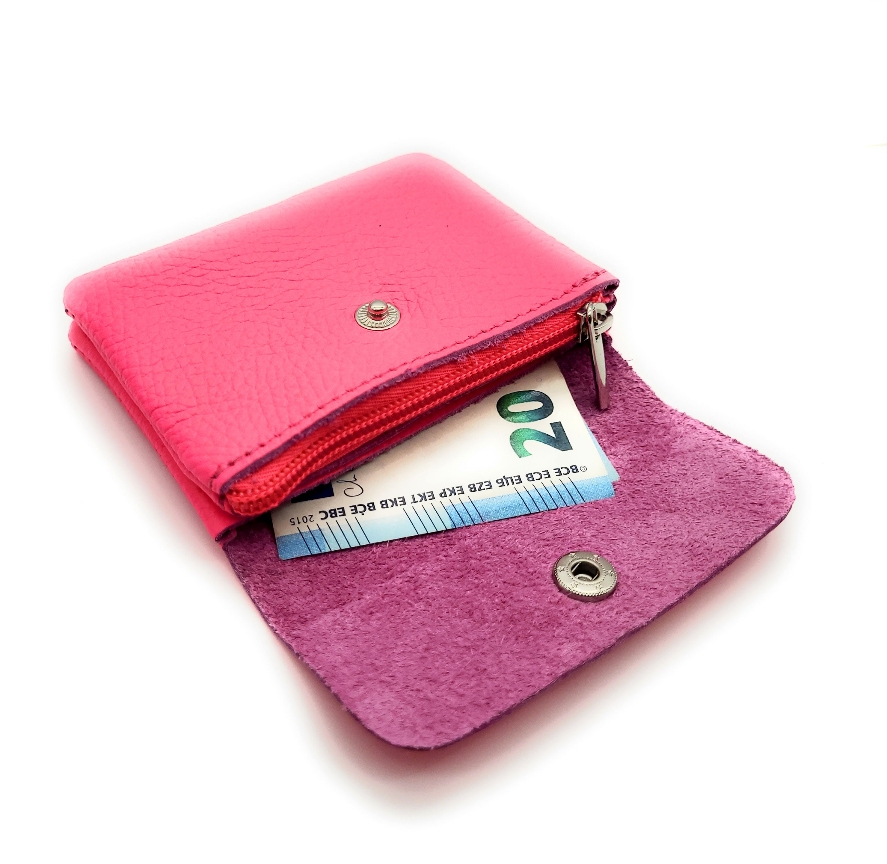 Mini Geldbörse aus echtem Rindleder – kompaktes Leder Portemonnaie Made in Italy neon pink