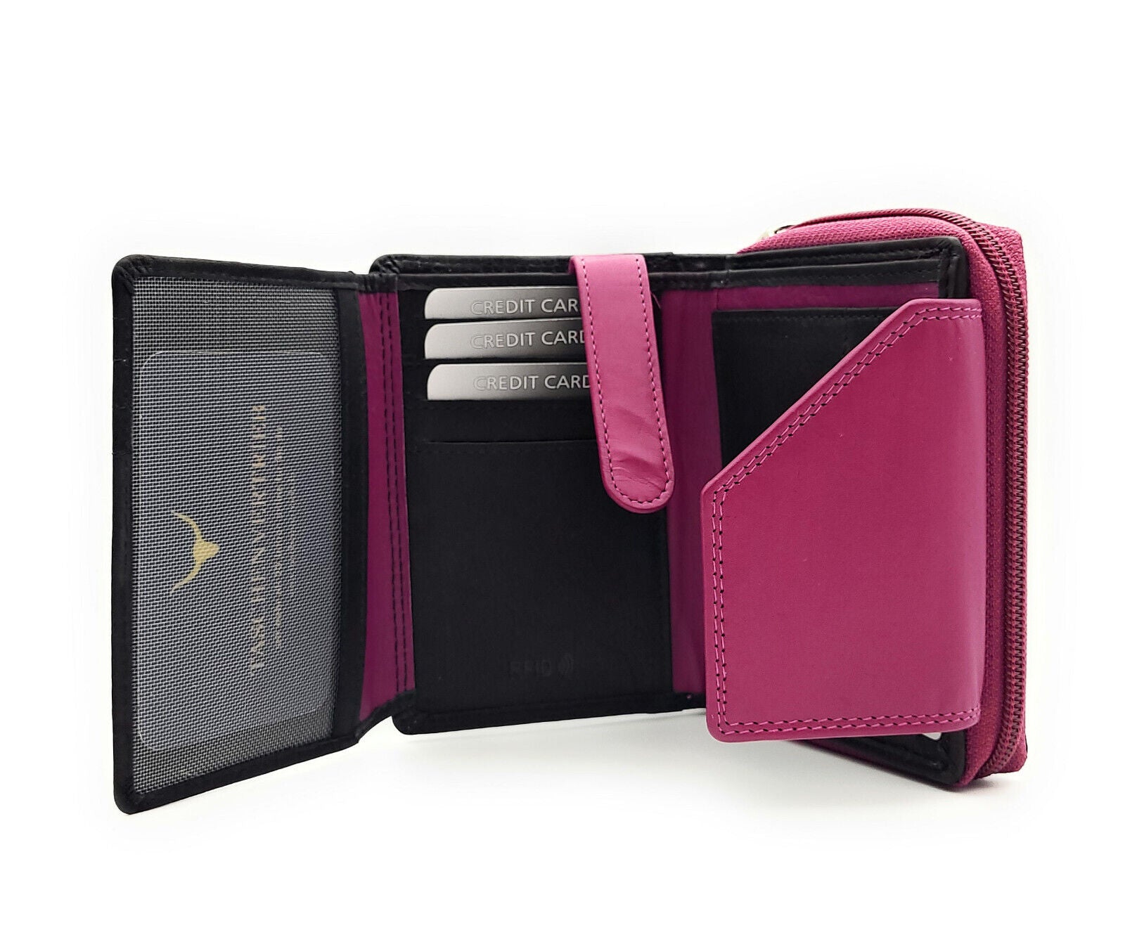 Jockey Club echt Leder Damen Geldbörse Portemonnaie Geldbeutel viele Fächer RFID Schutz schwarz pink berry