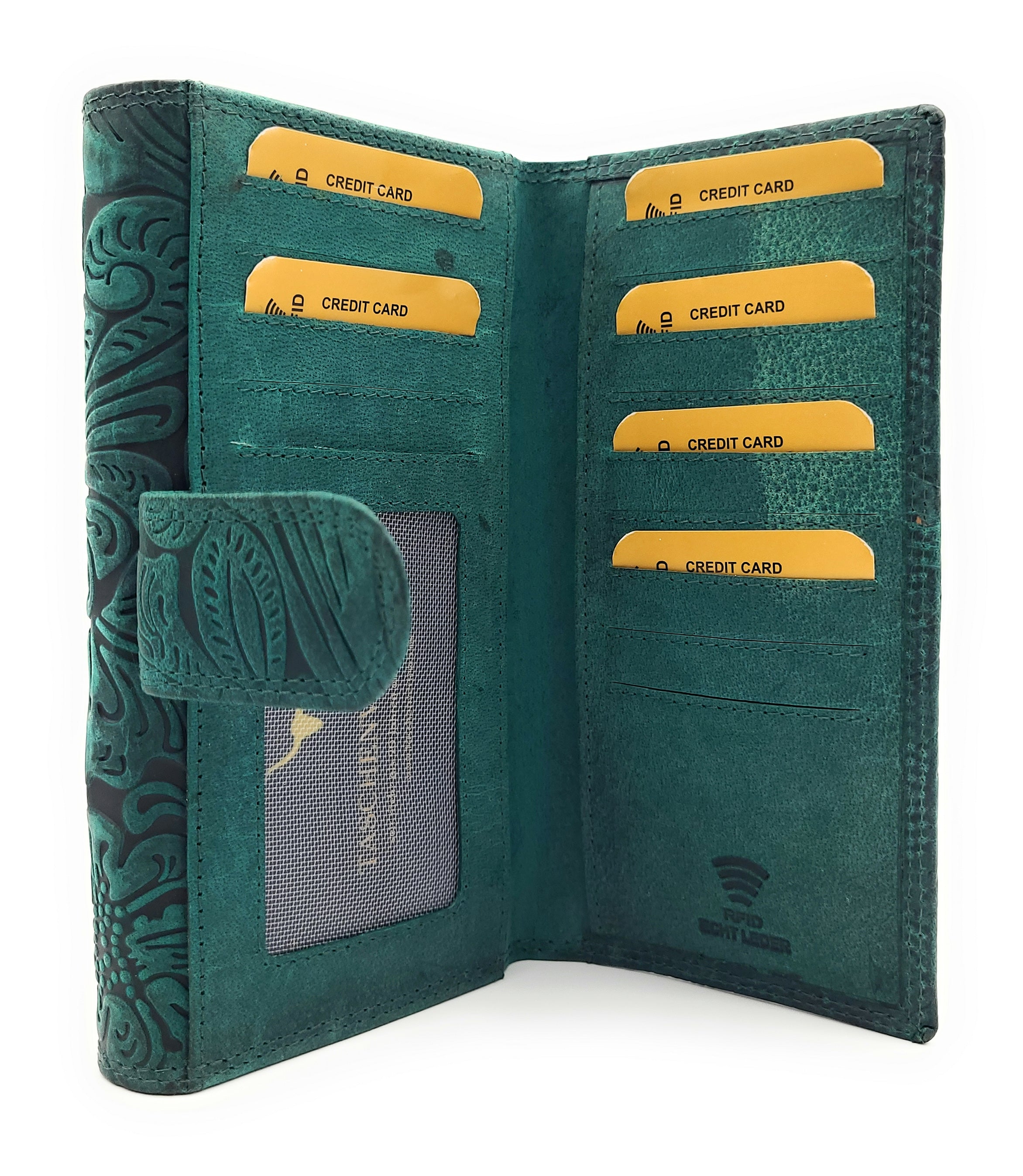 Damen Geldbörse Groß Echt Leder RFID Schutz - Büffelleder Portemonnaie mit 18 Kartenfächern - Große Brieftasche mit Blumenprägung grün