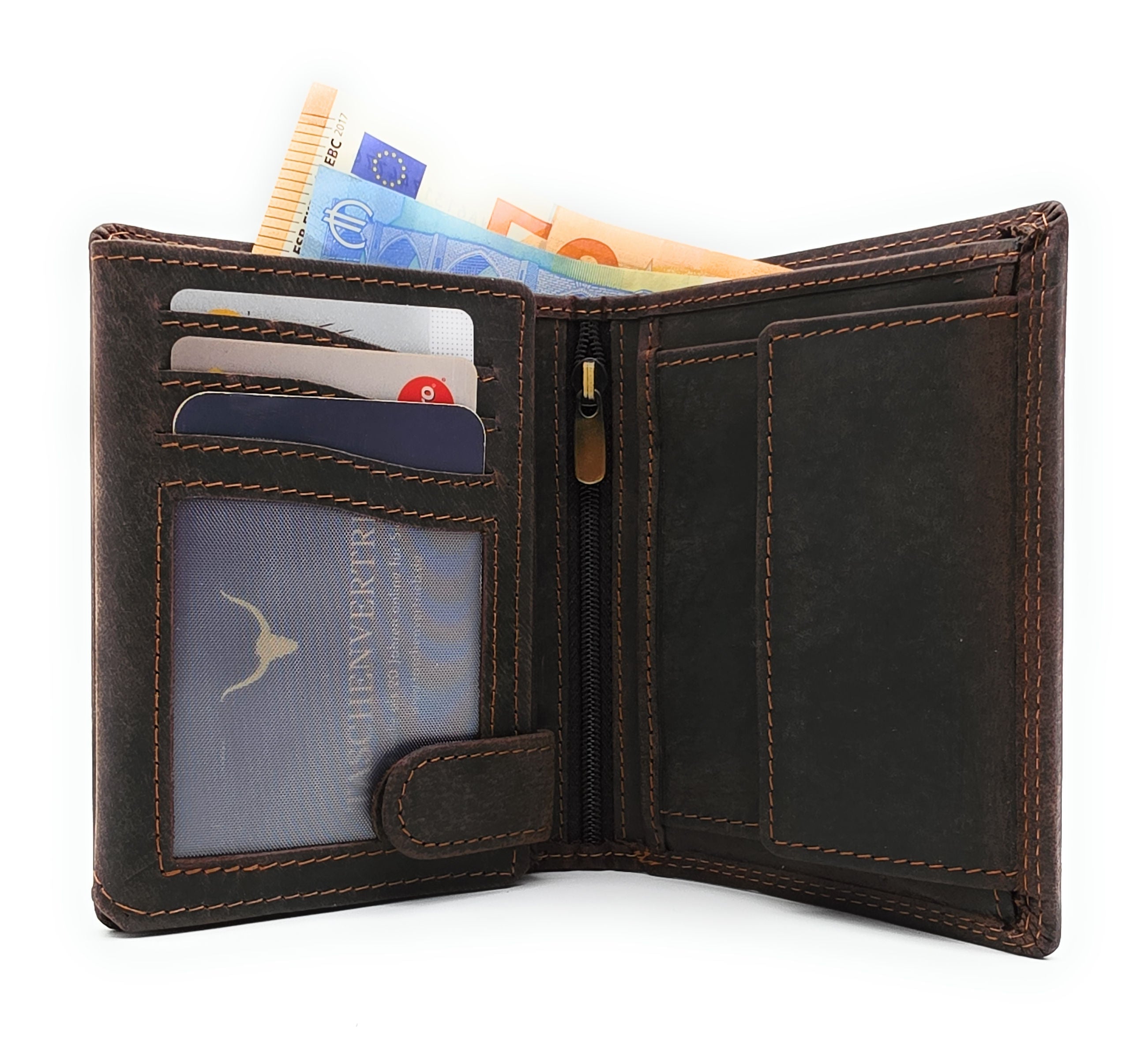 Lemasi robustes Hunterleder Portemonnaie Geldbörse RFID Blocker 19 Fächer Unisex dunkelbraun