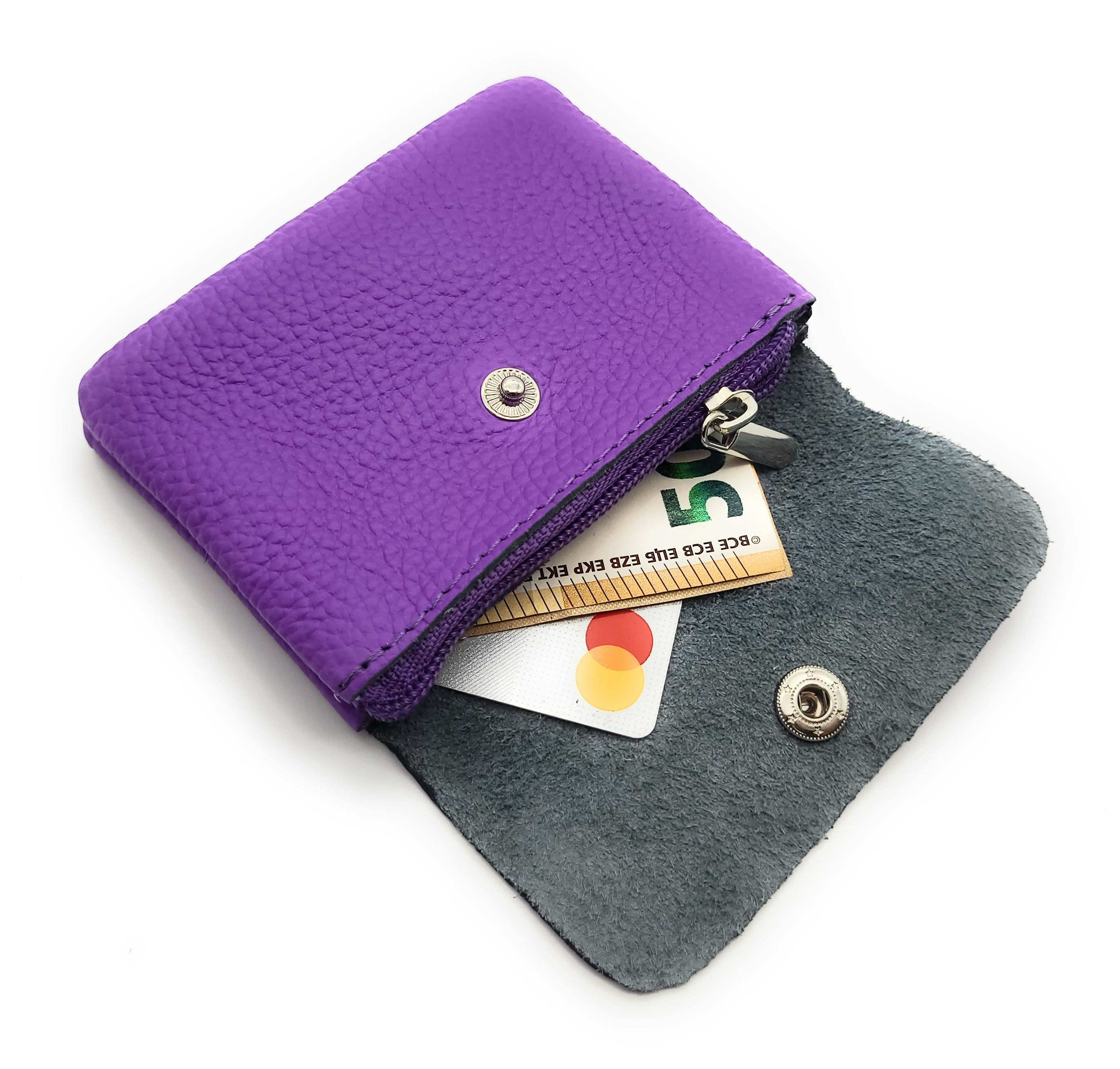 Mini Geldbörse aus echtem Rindleder – kompaktes Leder Portemonnaie Made in Italy lila